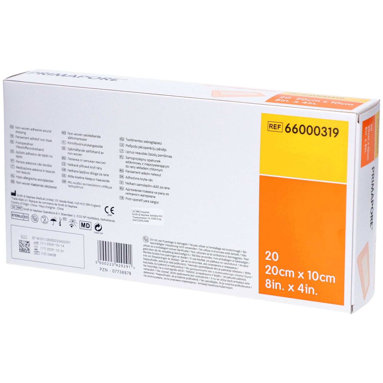 Rückseite der Primapore Post-Op Pflaster Verpackung. Enthält Informationen und Referenznummer.