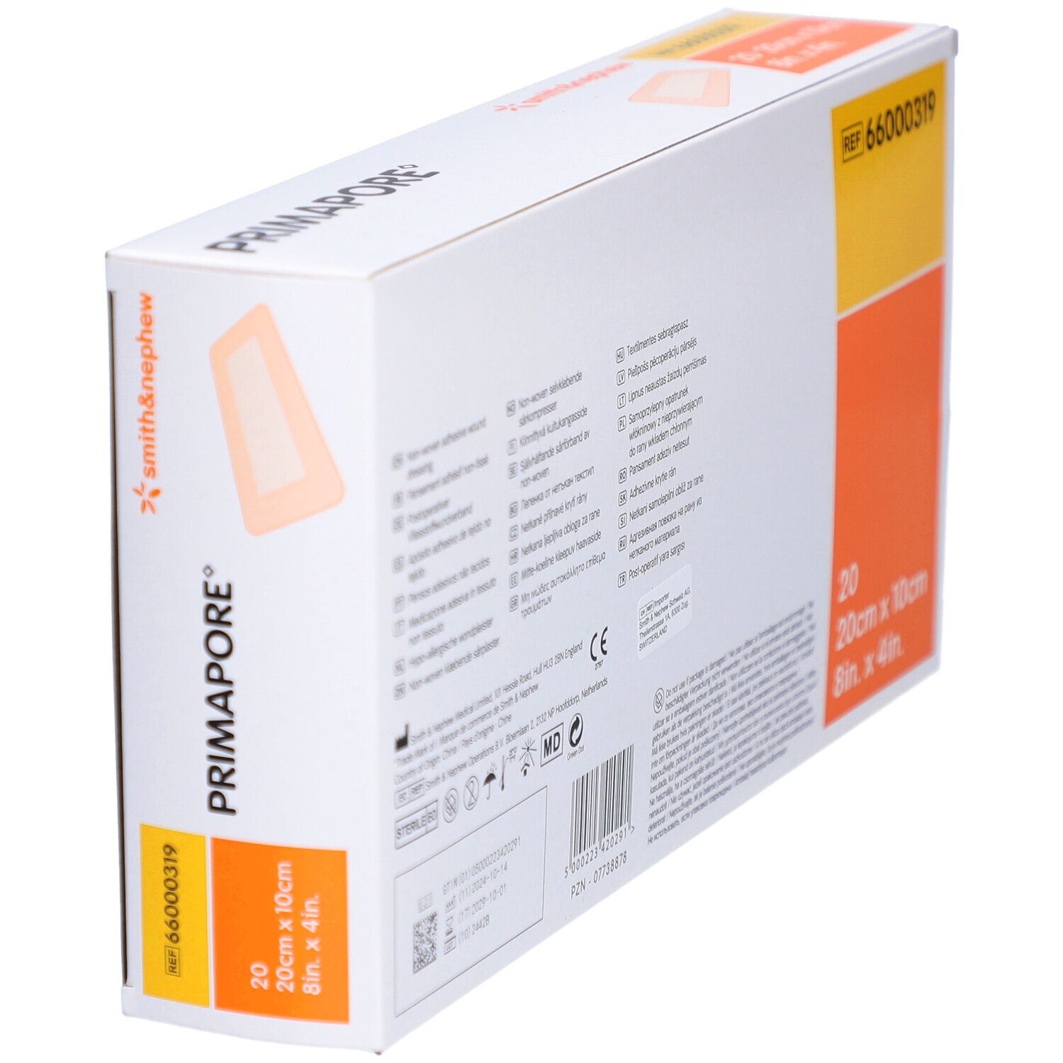 Verpackung von Primapore Post-Op Pflaster. Enthält 20 Stück, 20cm x 10cm. Marke Smith & Nephew.