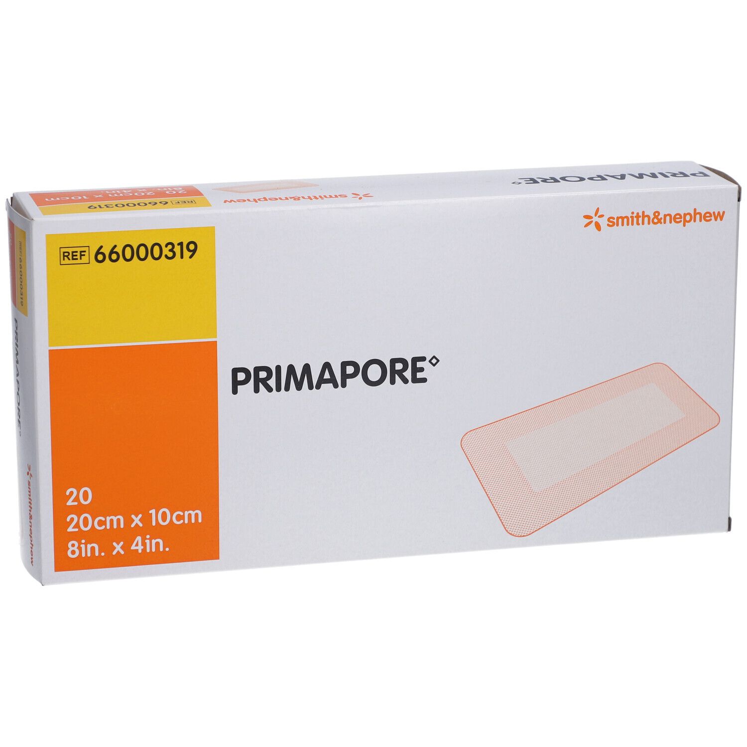 Verpackung von Primapore Post-Op Pflaster. Enthält 20 Stück, 20cm x 10cm. Marke Smith & Nephew.