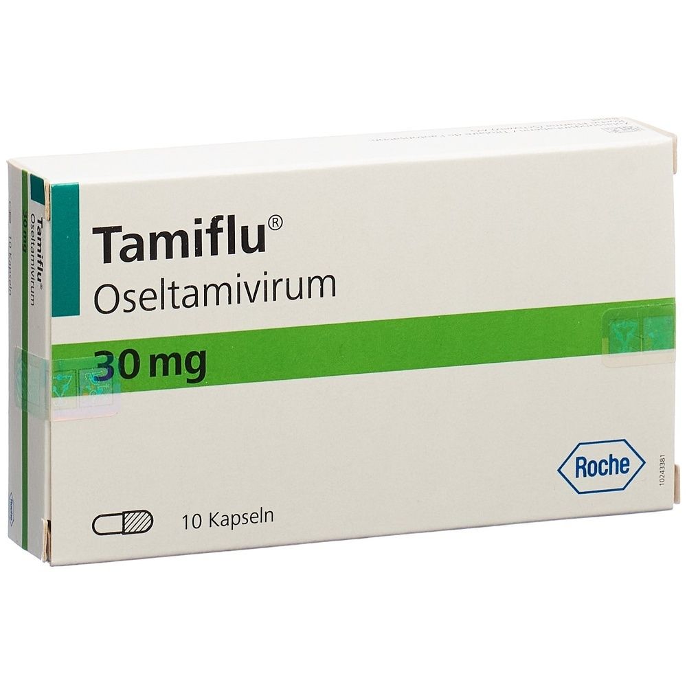Boîte de Tamiflu. Emballage vert et blanc avec nom du produit et dosage. Logo Roche.