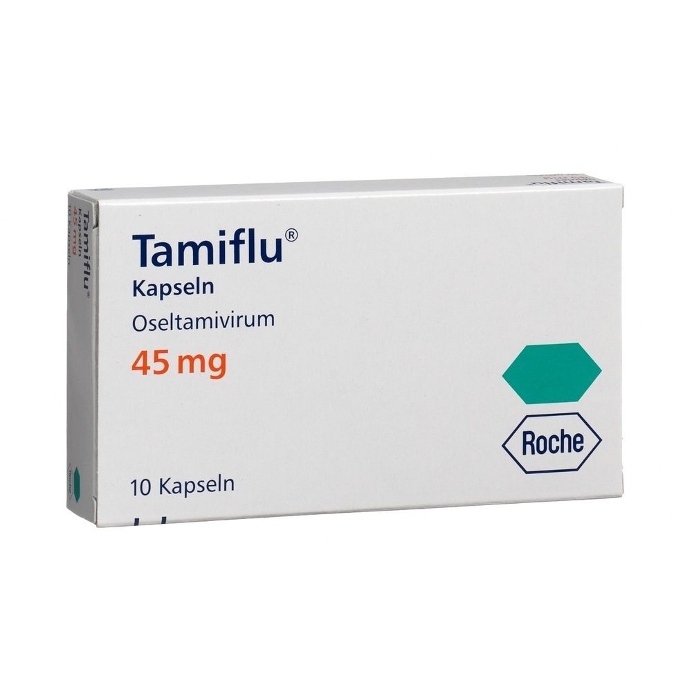 Boîte blanche Tamiflu. Contient 10 gélules de 45 mg d'oseltamivir. Logo Roche et hexagone vert.