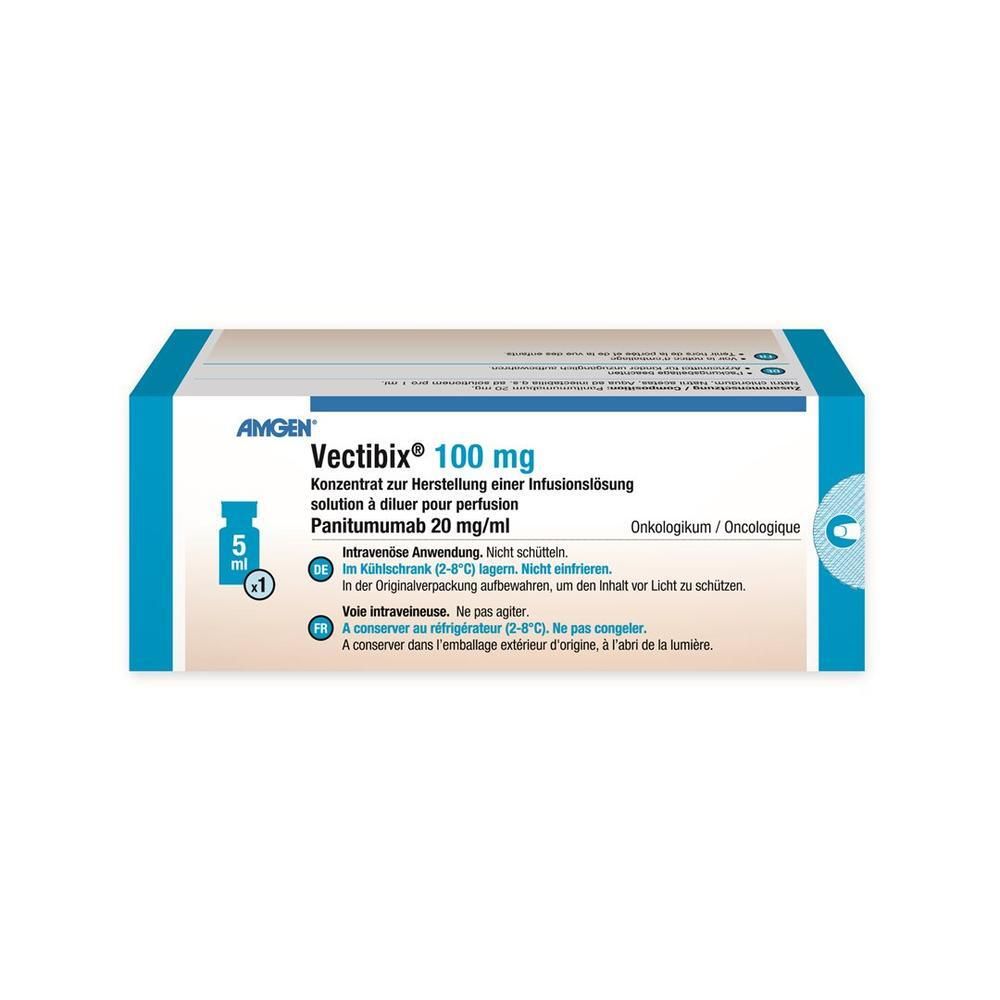 Vectibix 100 mg Konzentrat zur Herstellung einer Infusionslösung, Panitumumab 20 mg/ml. 5 ml Durchstechflasche.