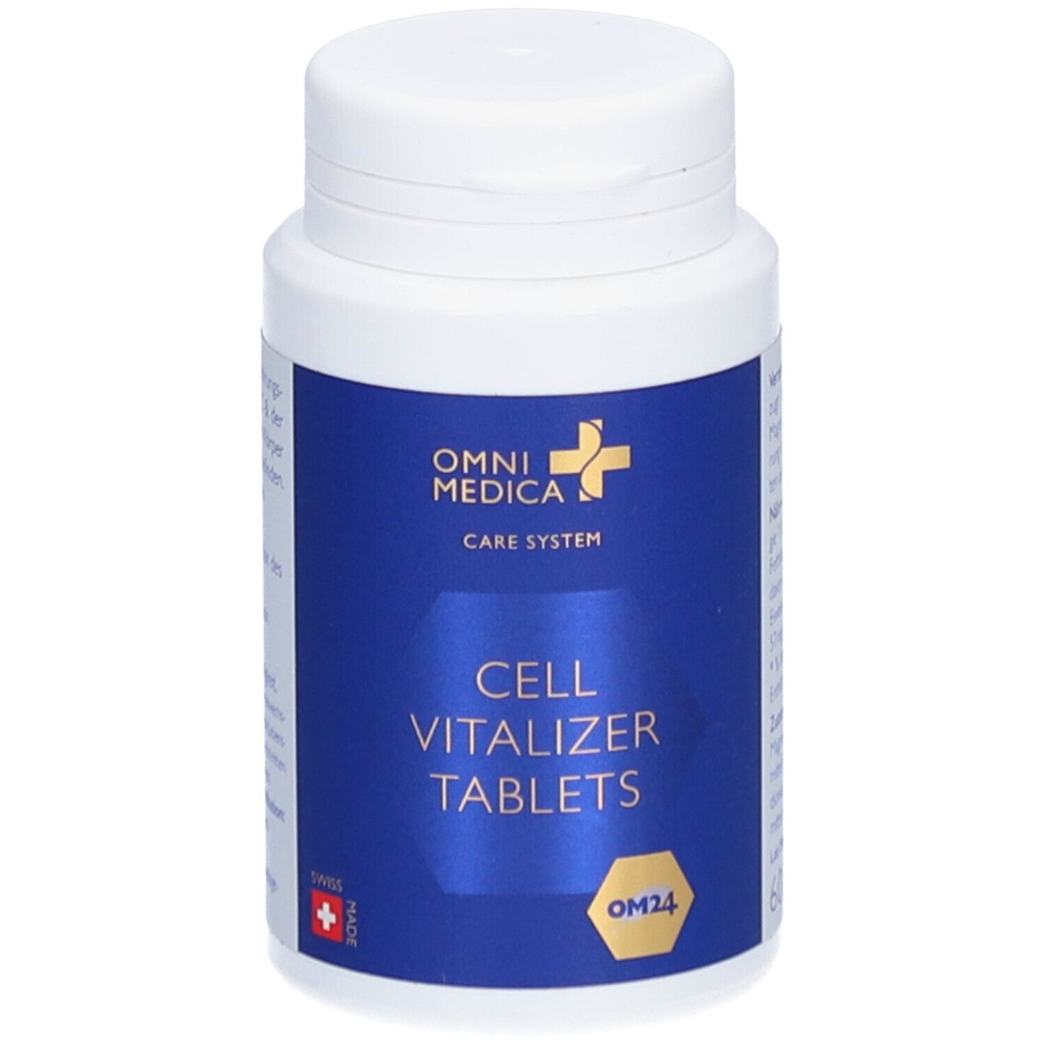 Weiße Tablettenflasche mit blauem Etikett. OMNI MEDICA, CELL VITALIZER TABLETS, OM24, Swiss Made.