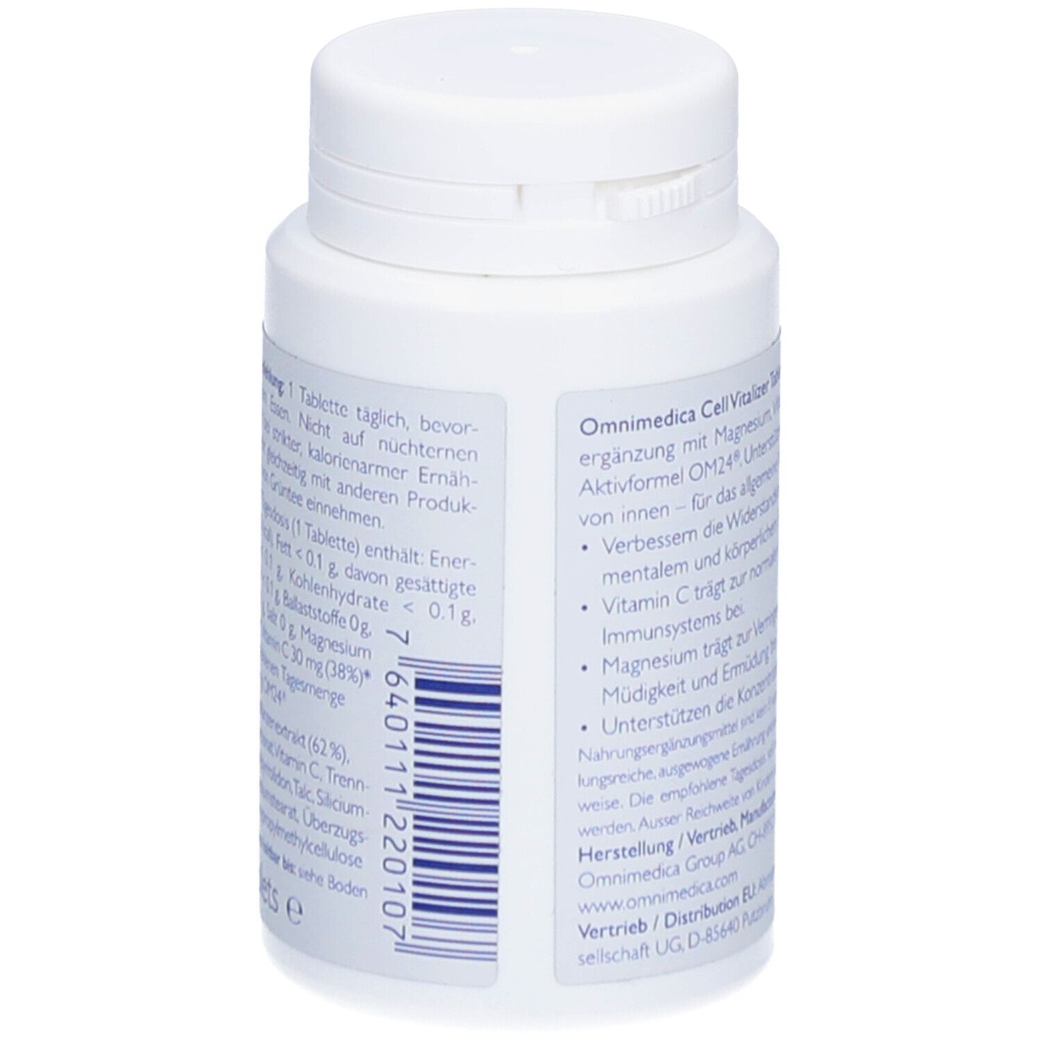 Tablettenflasche mit Textinformationen. OMNIMEDICA Zell-Vitalizer Tablets. Nährwertangaben und Inhaltsstoffe.
