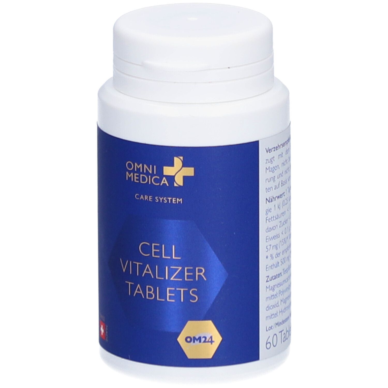 Weiße Tablettenflasche mit blauem Etikett. OMNI MEDICA, CELL VITALIZER TABLETS, OM24, Swiss Made. 60 Tabletten.