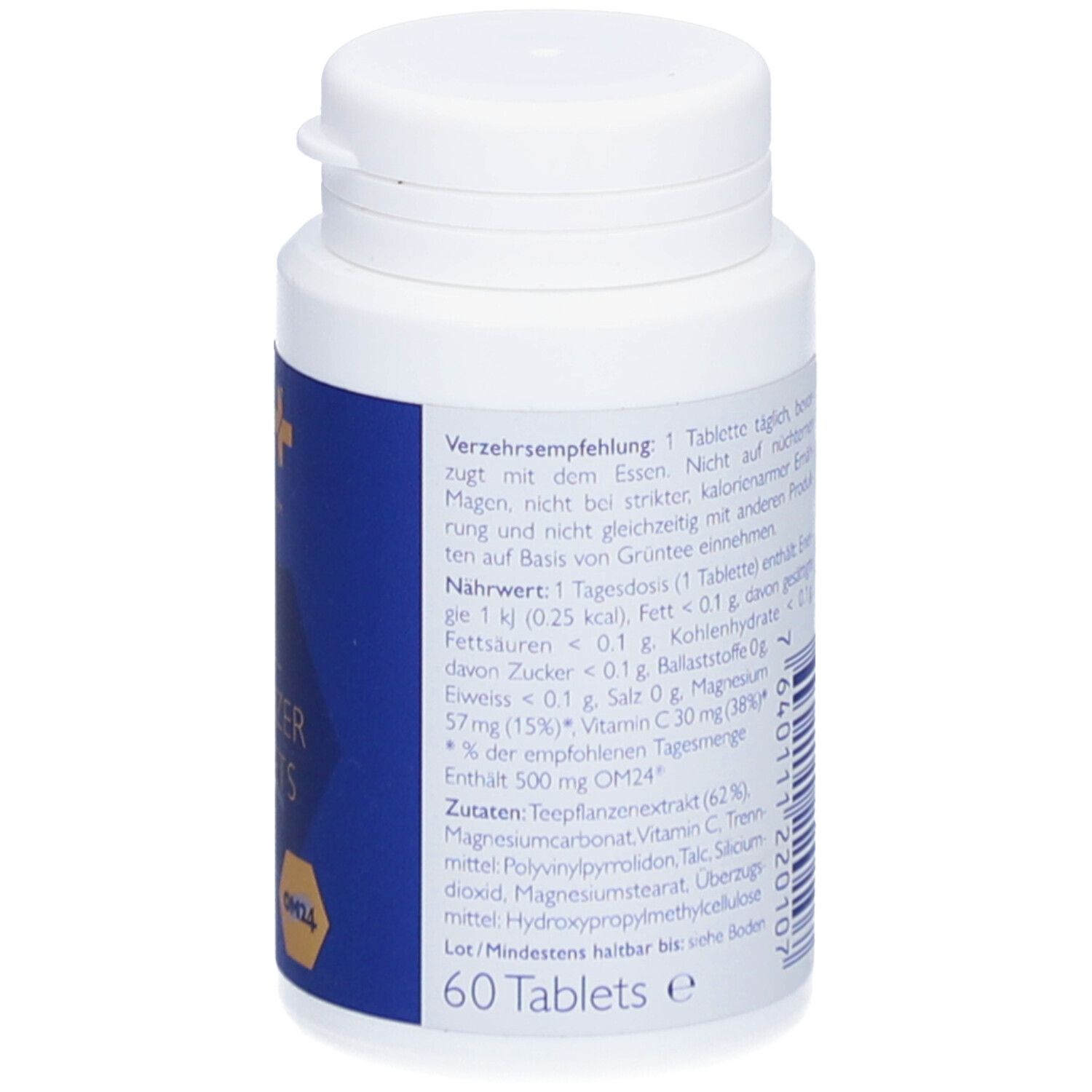 Tablettenflasche mit Textinformationen. OMNIMEDICA Zell-Vitalizer Tablets. Nährwertangaben und Inhaltsstoffe. 60 Tabletten.