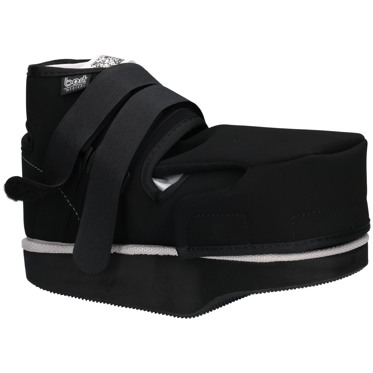 Chaussure noire de décharge métatarsienne avec fermeture velcro et semelle épaisse.