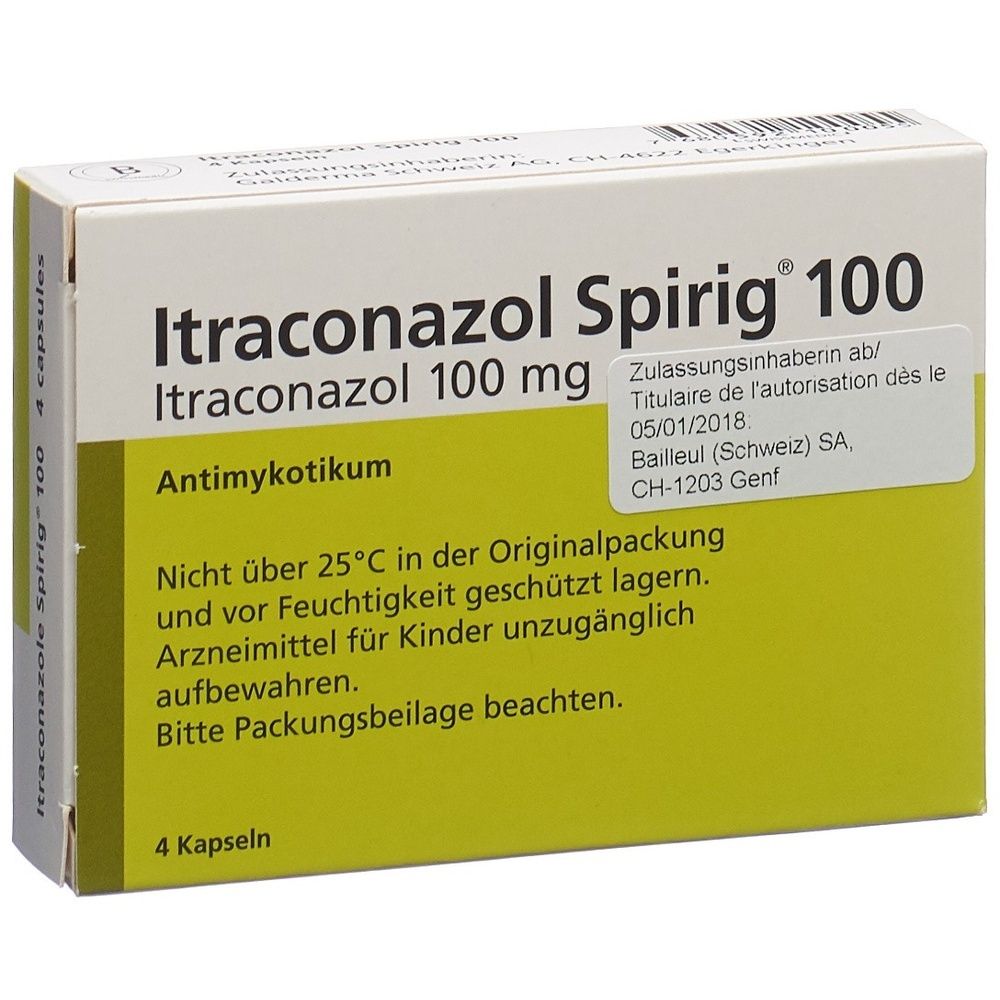 Karton ITRACONAZOL Spirig 100. Weißer Karton mit gelber Seite. Schriftzug ITRACONAZOL Spirig 100.