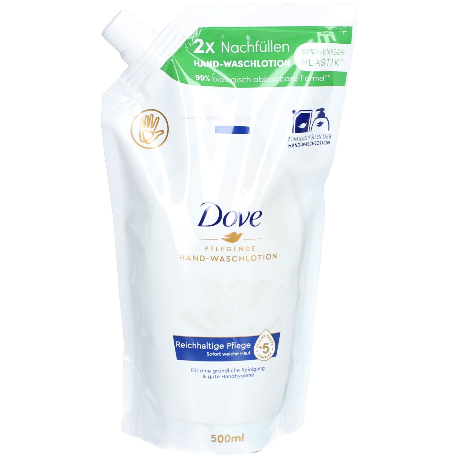 Recharge de lotion lavante pour les mains. Sachet blanc avec logo Dove et texte. 500ml.