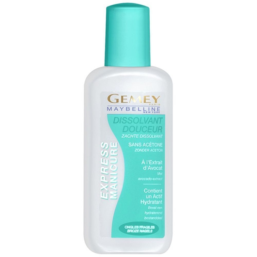 Flacon de dissolvant pour ongles. Inscription: GEMEY MAYBELLINE, DISSOLVANT DOUCEUR, SANS ACETONE, EXPRESS MANICURE. Bouchon turquoise.
