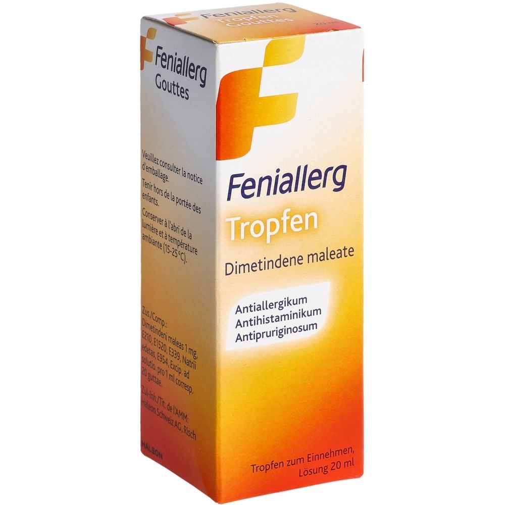 Kartonverpackung mit Produktnamen und Logo. Text: Feniallerg Tropfen, Dimetindenmaleat. Zusatzbezeichnungen: Antiallergikum, Antihistaminikum, Antipruriginosum.