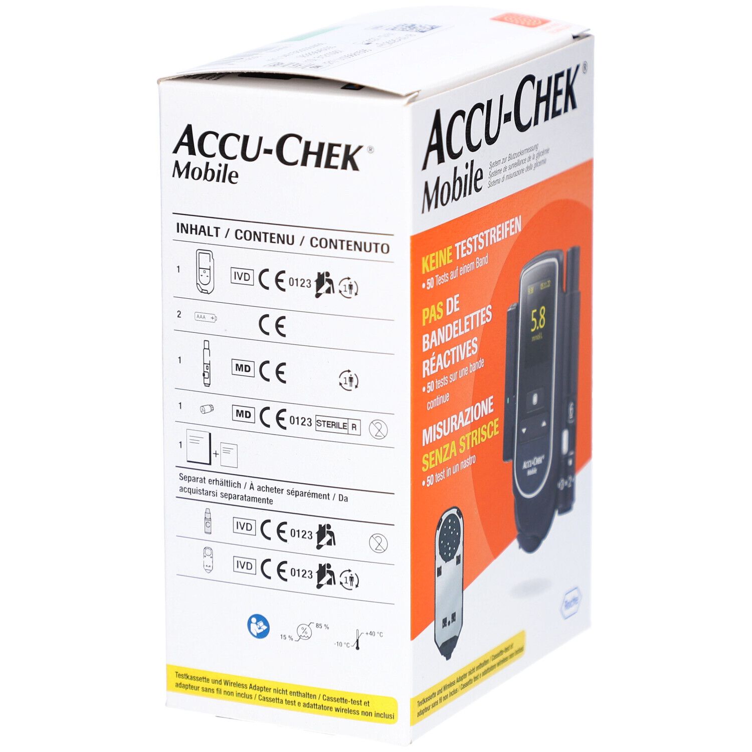 Verpackung von ACCU-CHEK Mobile. Enthält Symbole und Informationen zu Inhalten und Zertifizierungen.
