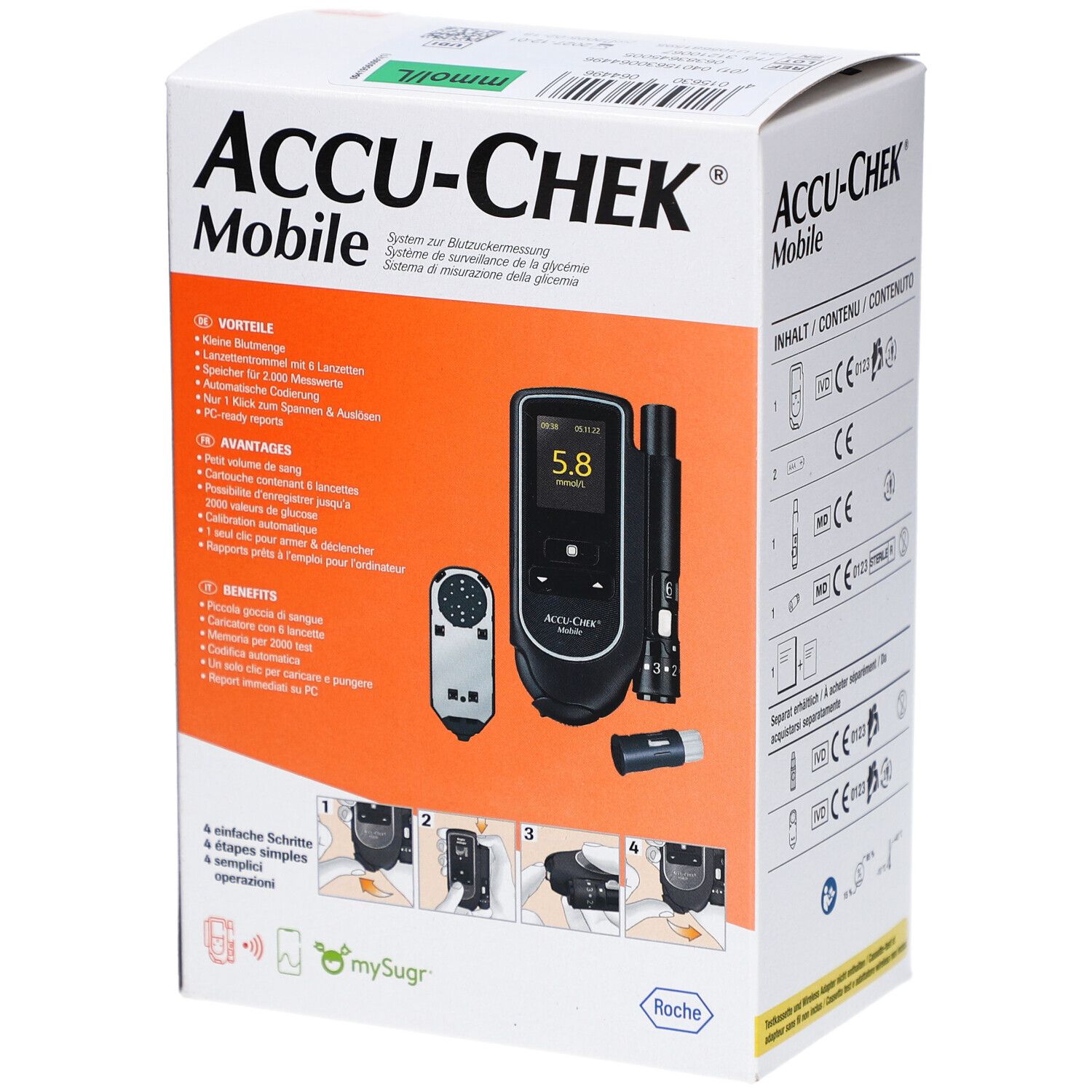 Verpackung von ACCU-CHEK Mobile. Zeigt Vorteile und Anwendungsbeispiele des Produkts.