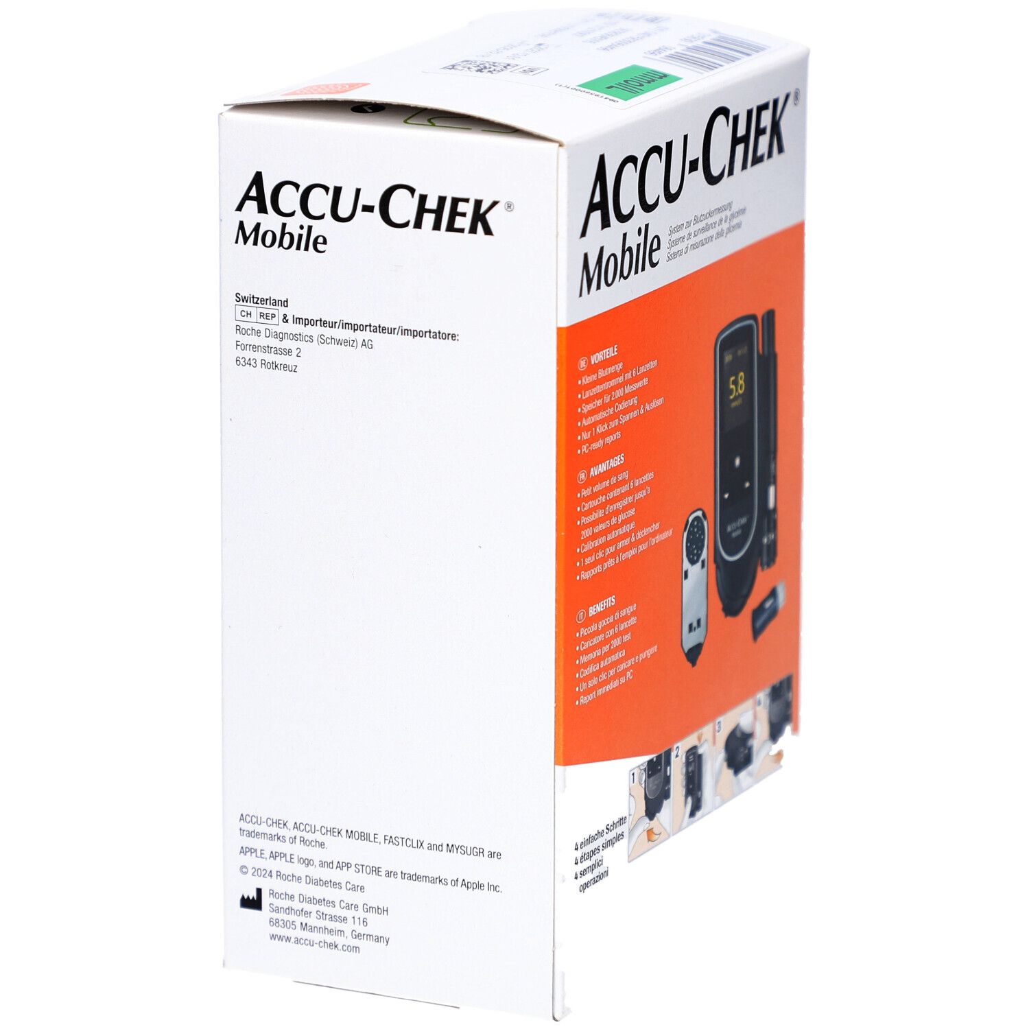Verpackung von ACCU-CHEK Mobile. Zeigt Informationen zum Hersteller und zur Adresse.