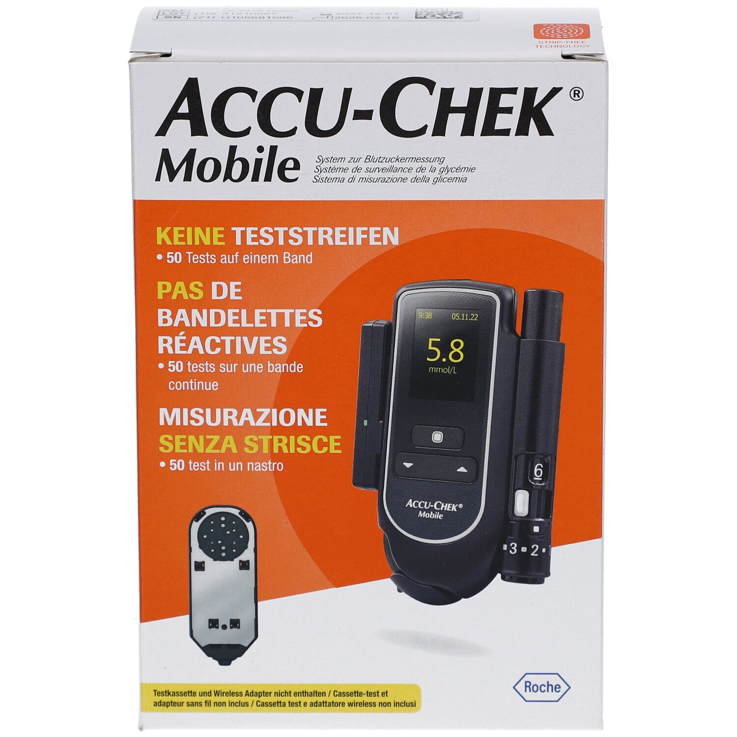 Verpackung von ACCU-CHEK Mobile. Zeigt das Blutzuckermessgerät und Zubehör. Text in Deutsch, Französisch, Italienisch.