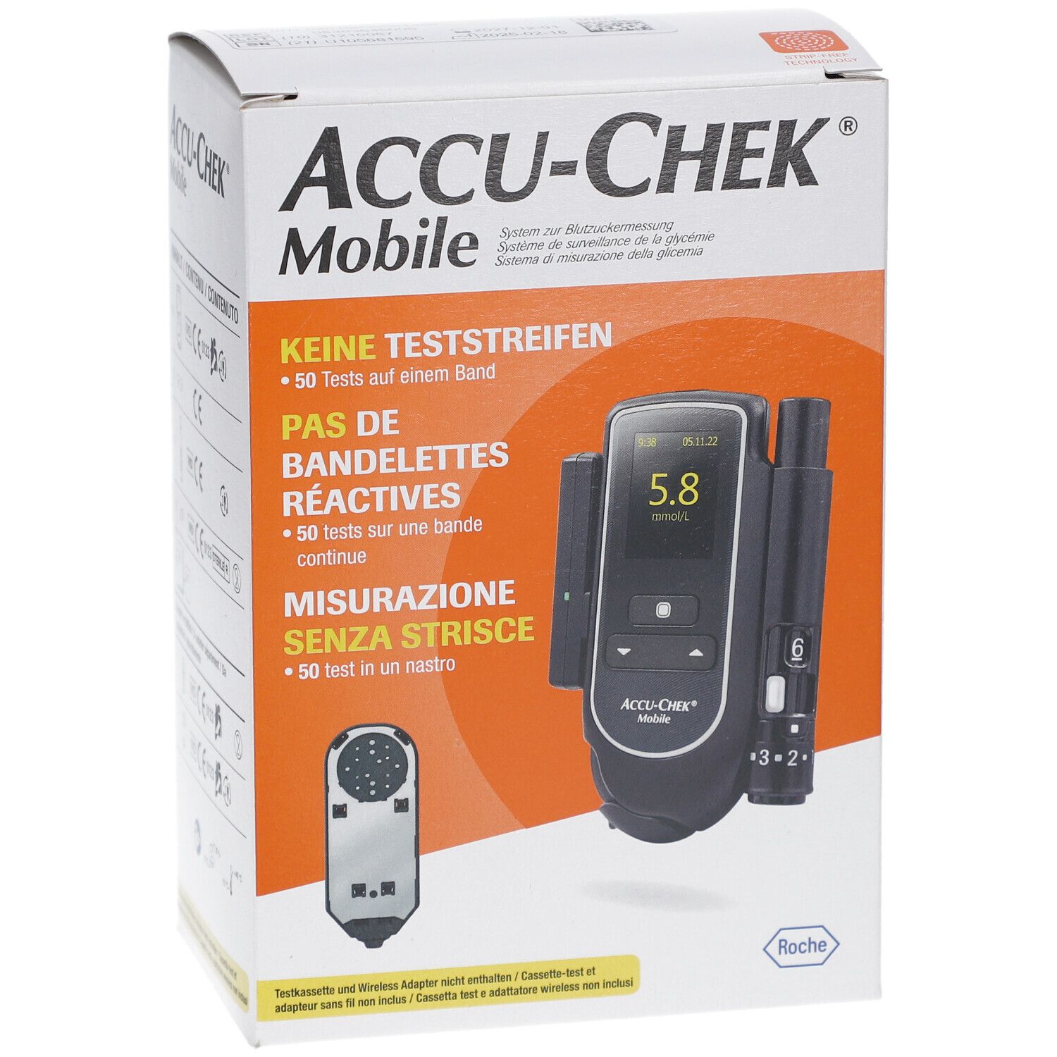 Verpackung von ACCU-CHEK Mobile. Zeigt das Blutzuckermessgerät und Zubehör. Text in Deutsch, Französisch, Italienisch.