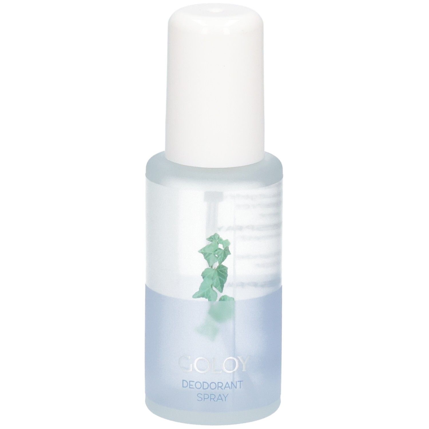 GOLOY Deodorant Spray Flasche mit weißem Verschluss und grüner Blattgrafik.