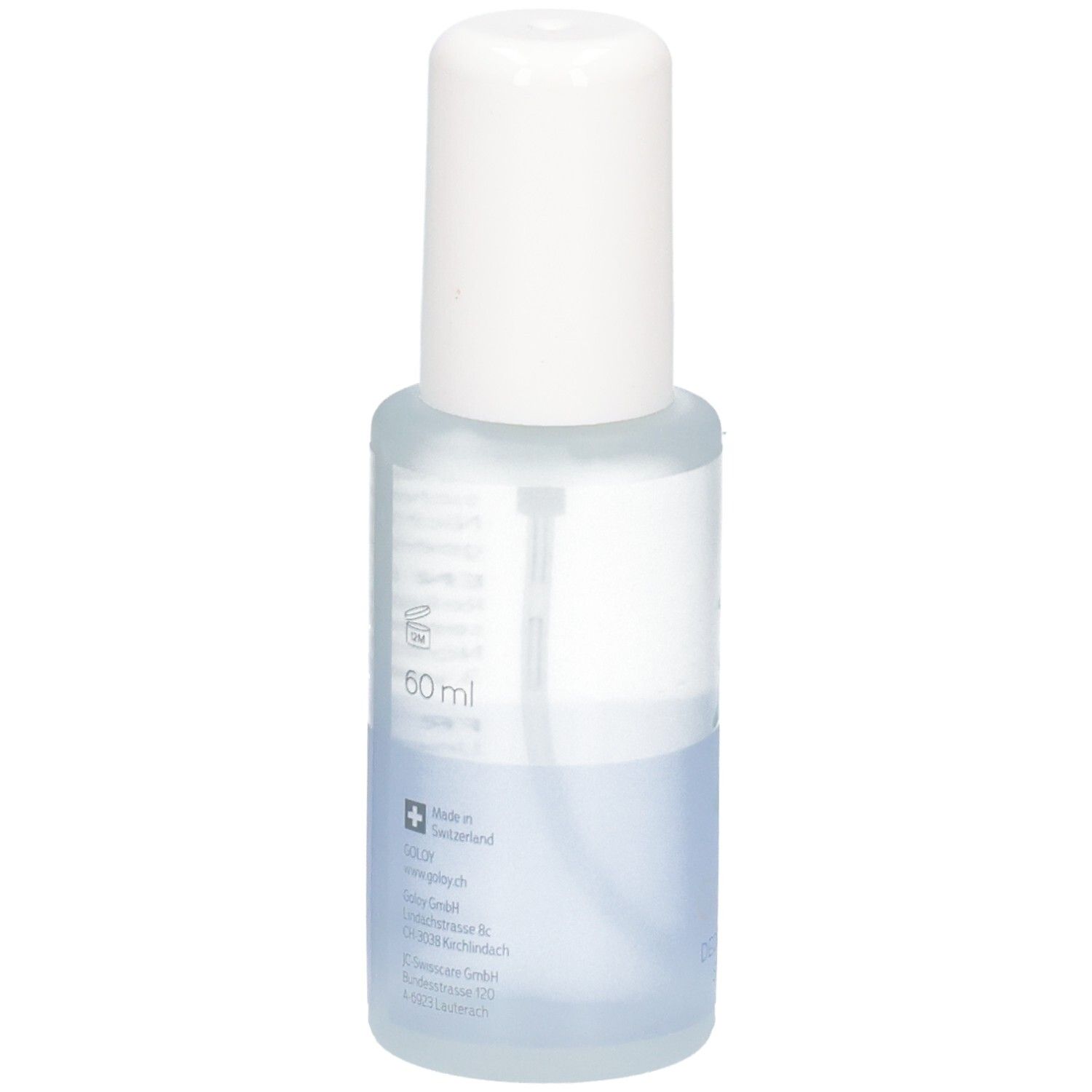 GOLOY Deodorant Spray Flasche, Rückseite mit "60ml" und Schweizer Kreuz.