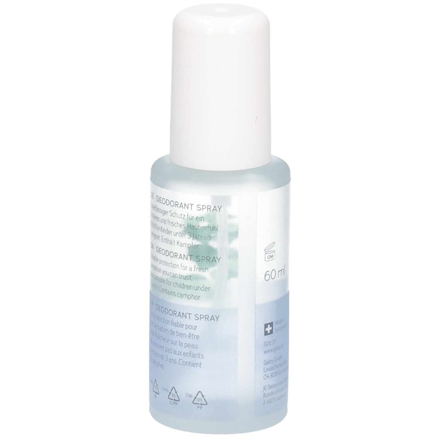 GOLOY Deodorant Spray Flasche, Rückseite mit Text und grüner Blattgrafik.