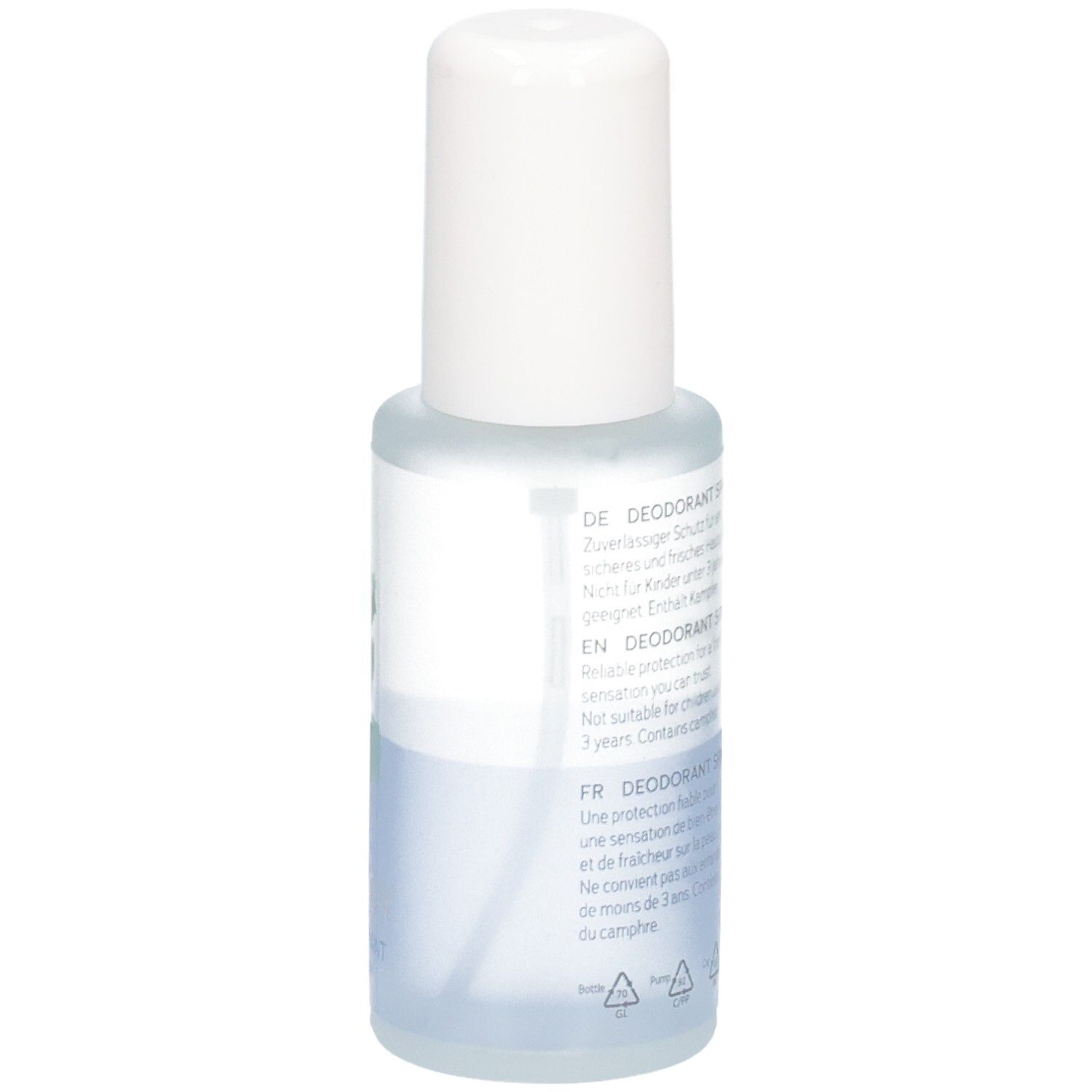 GOLOY Deodorant Spray Flasche, Vorderseite mit Text und grüner Blattgrafik.
