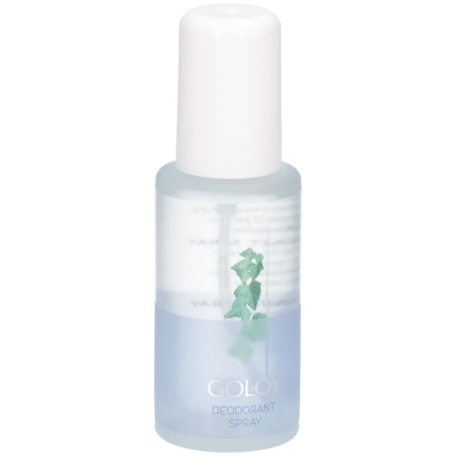GOLOY Deodorant Spray Flasche mit weißem Verschluss und grüner Blattgrafik.