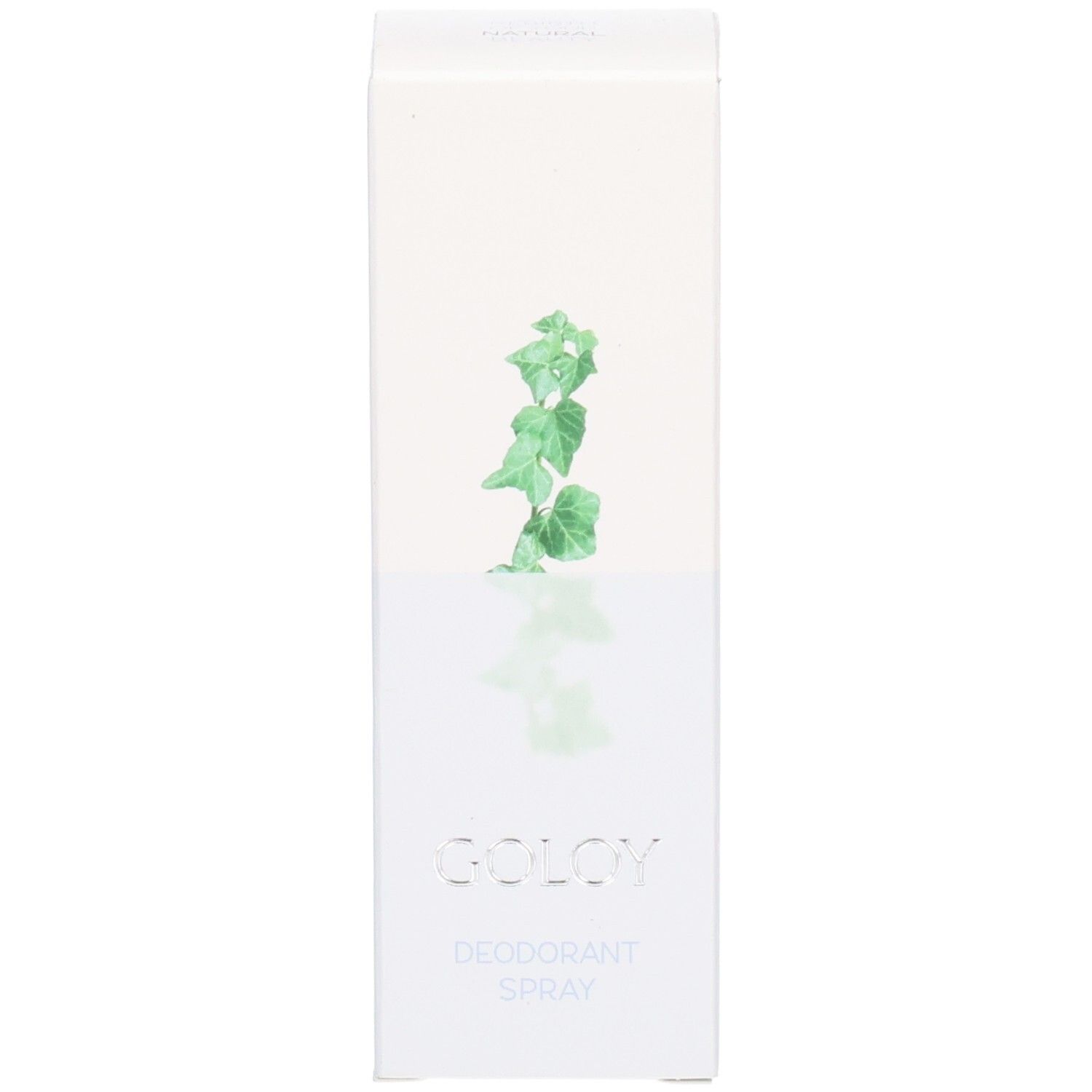 Weiße Verpackungsbox für GOLOY Deodorant Spray mit Blattgrafik.
