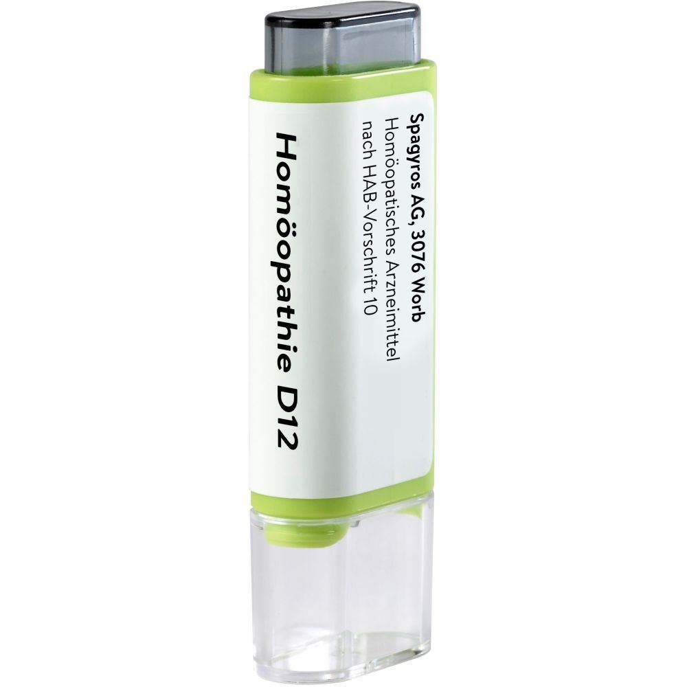 Zylindrische, grüne und weiße Flasche. Beschriftung: Homöopathie D12, Spagyros AG, 3076 Worb. Transparenter Verschluss.