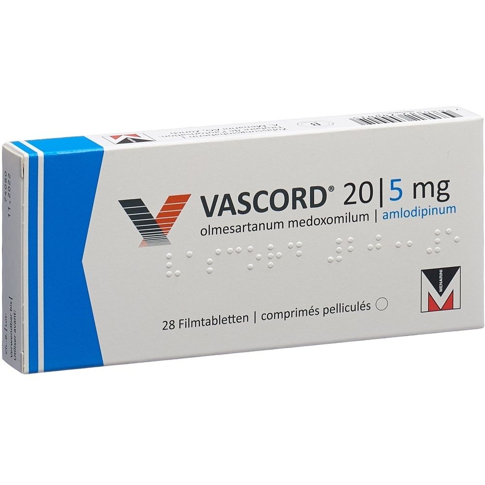 Karton mit blauer und weißer Farbgebung. Aufschrift VASCORD 20/5 mg. Enthält 28 Tabletten.