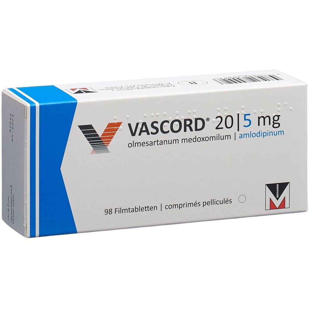Schachtel mit VASCORD Filmtabl 20/5 mg. Weiß, blau und grau. Aufschrift VASCORD und Dosierung. 98 Tabletten.