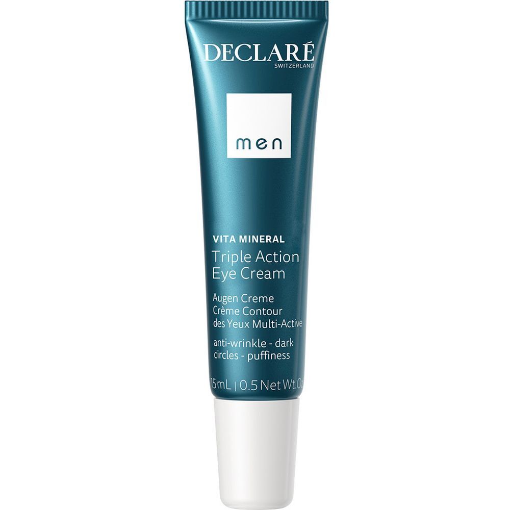 Blaue Tube mit DECLARÉ-Logo und Produktnamen. Enthält Augencreme für Männer. 15 ml.