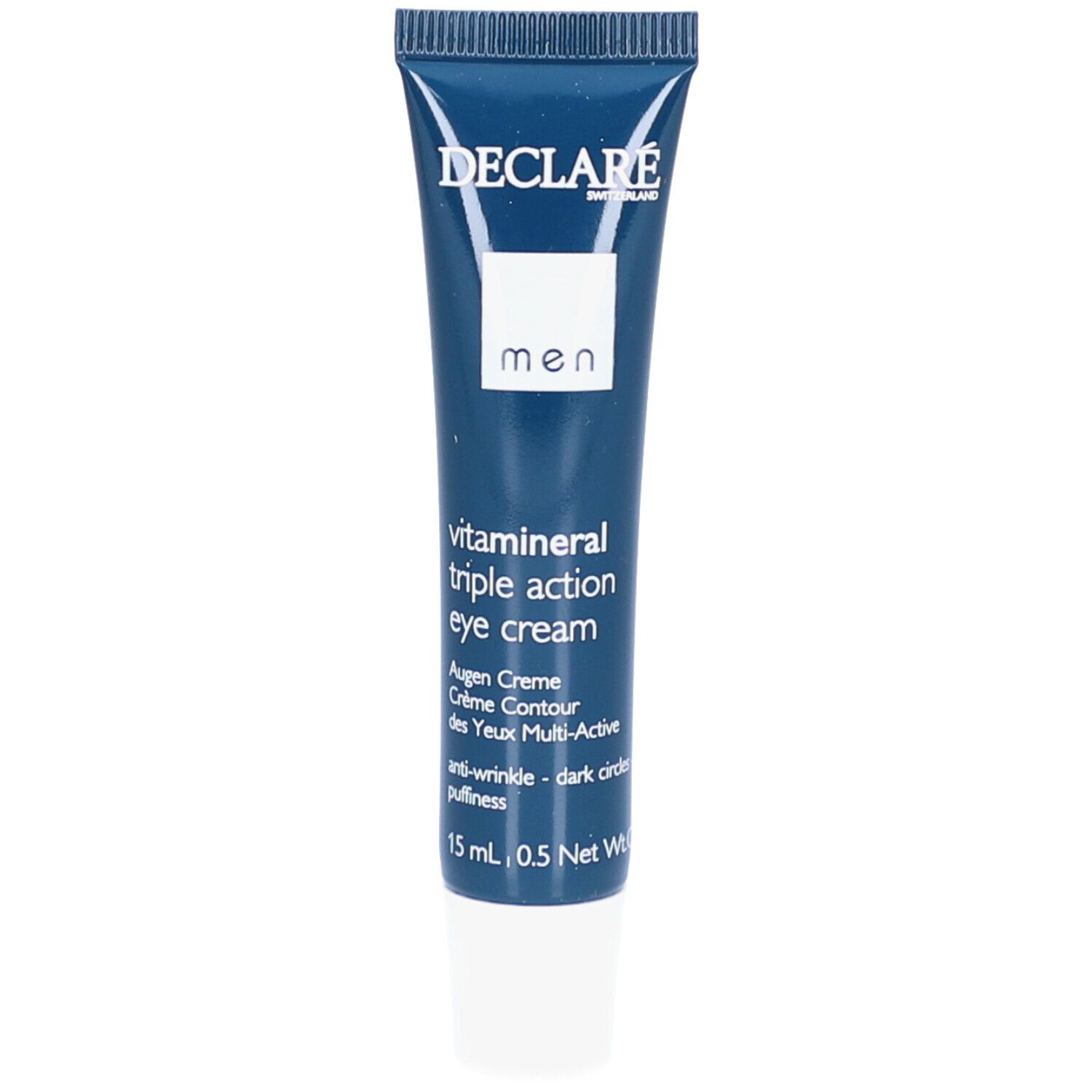 Blaue Tube DECLARÉ Augencreme. Enthält: Vita Mineral Triple Action Eye Cream. 15 ml.
