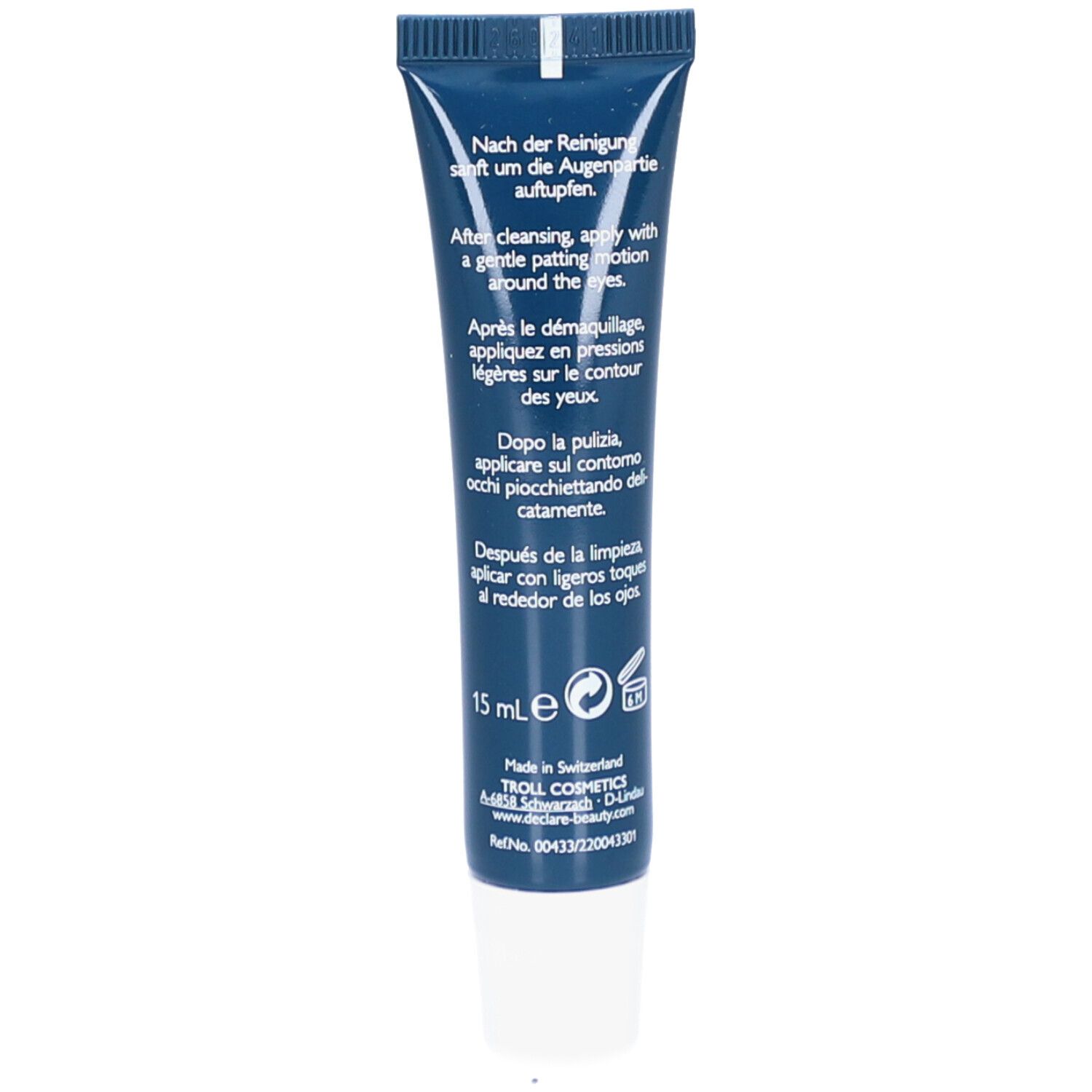 Rückseite der blauen Tube DECLARÉ Augencreme. Text in mehreren Sprachen. 15 ml.