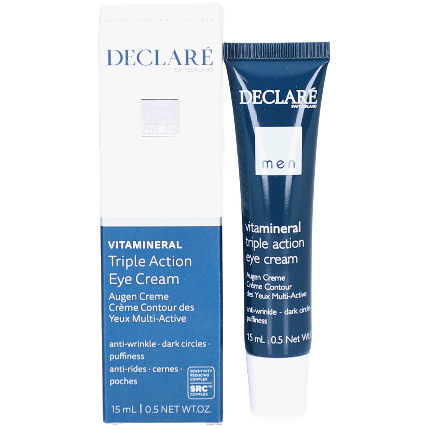 Produktverpackung. Blaue Tube DECLARÉ Augencreme und Karton. Enthält: 15 ml.