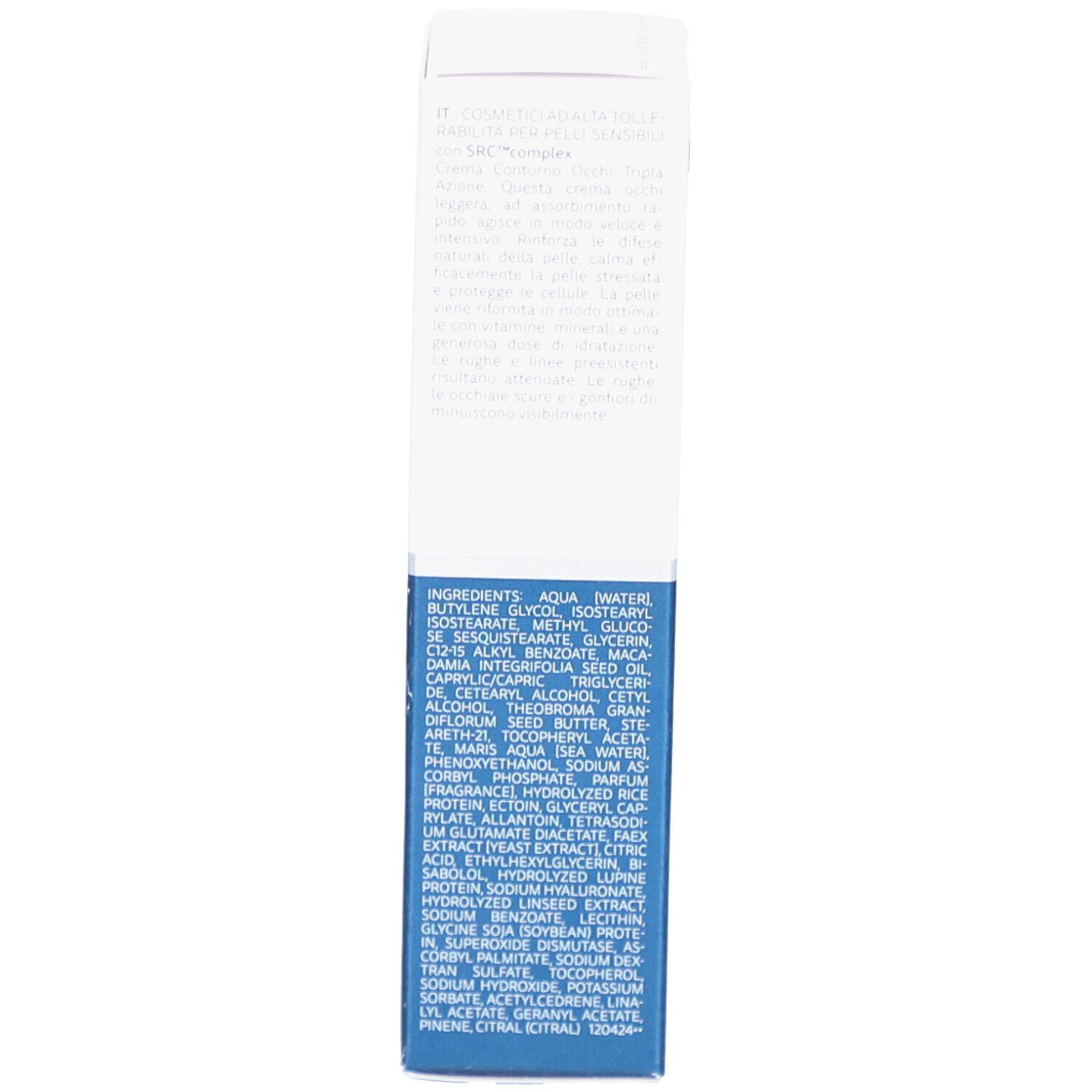 Rückseite der Produktverpackung. Text mit Inhaltsstoffen und Informationen. 15 ml.