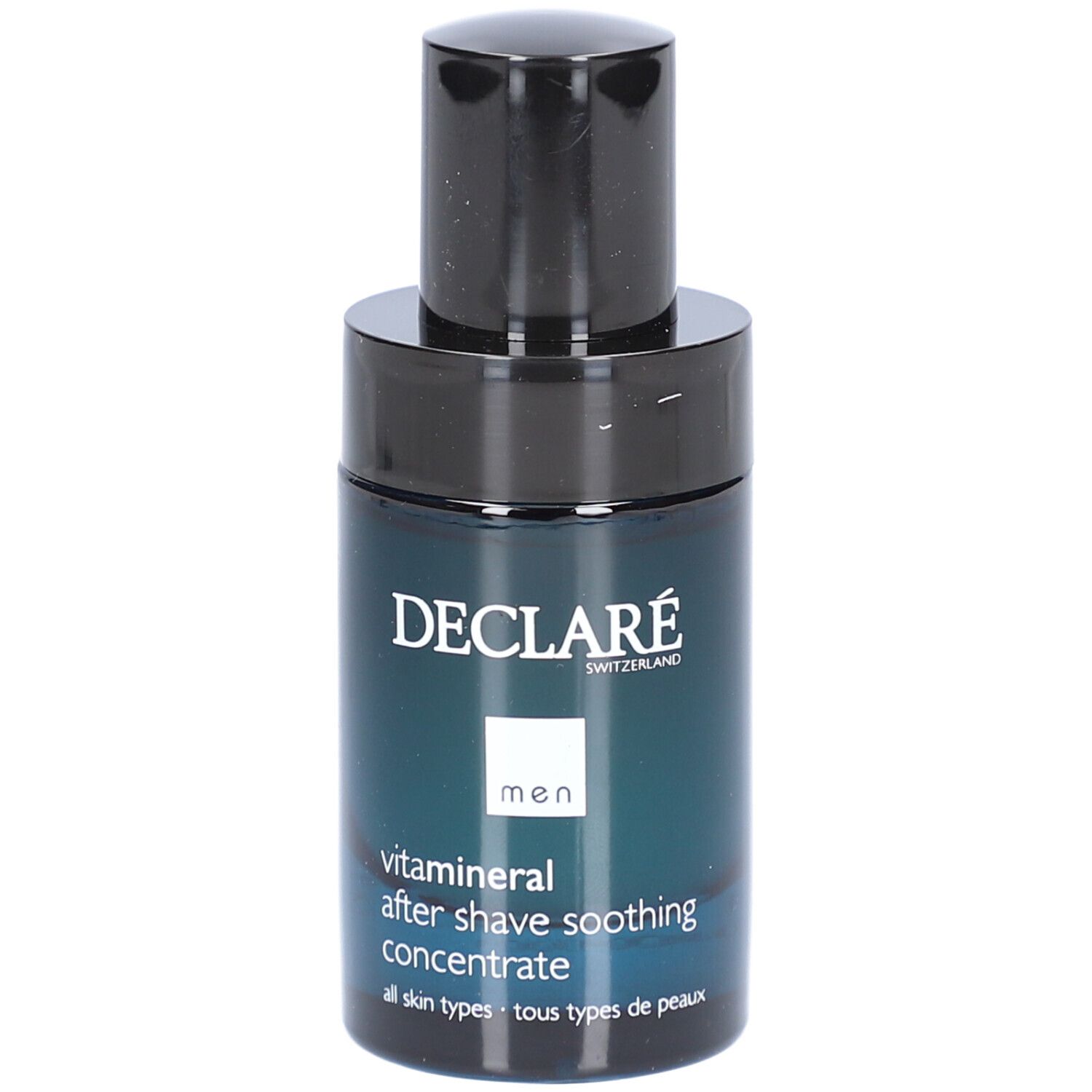 Blau-schwarze Flasche mit schwarzem Deckel. DECLARÉ-Logo und Produktbezeichnung. Für alle Hauttypen.