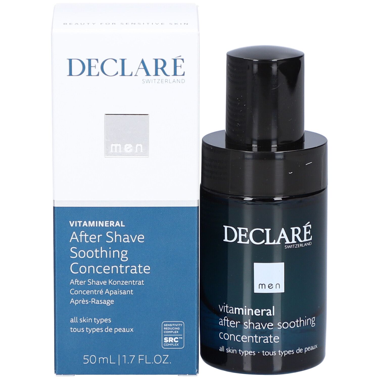 Produkt mit Verpackung. Blau-schwarze Flasche und weißer Karton. DECLARÉ-Logo und Produktbezeichnung.