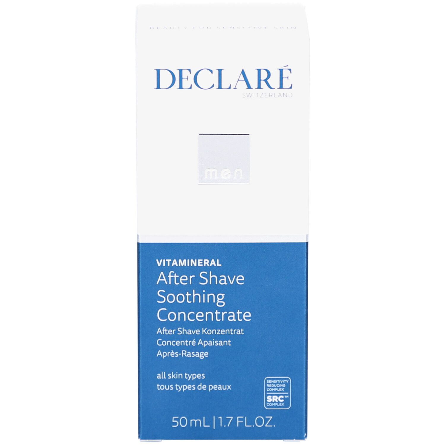 Weiße Verpackung mit blauem Text. DECLARÉ-Logo und Produktbezeichnung. 50 ml.