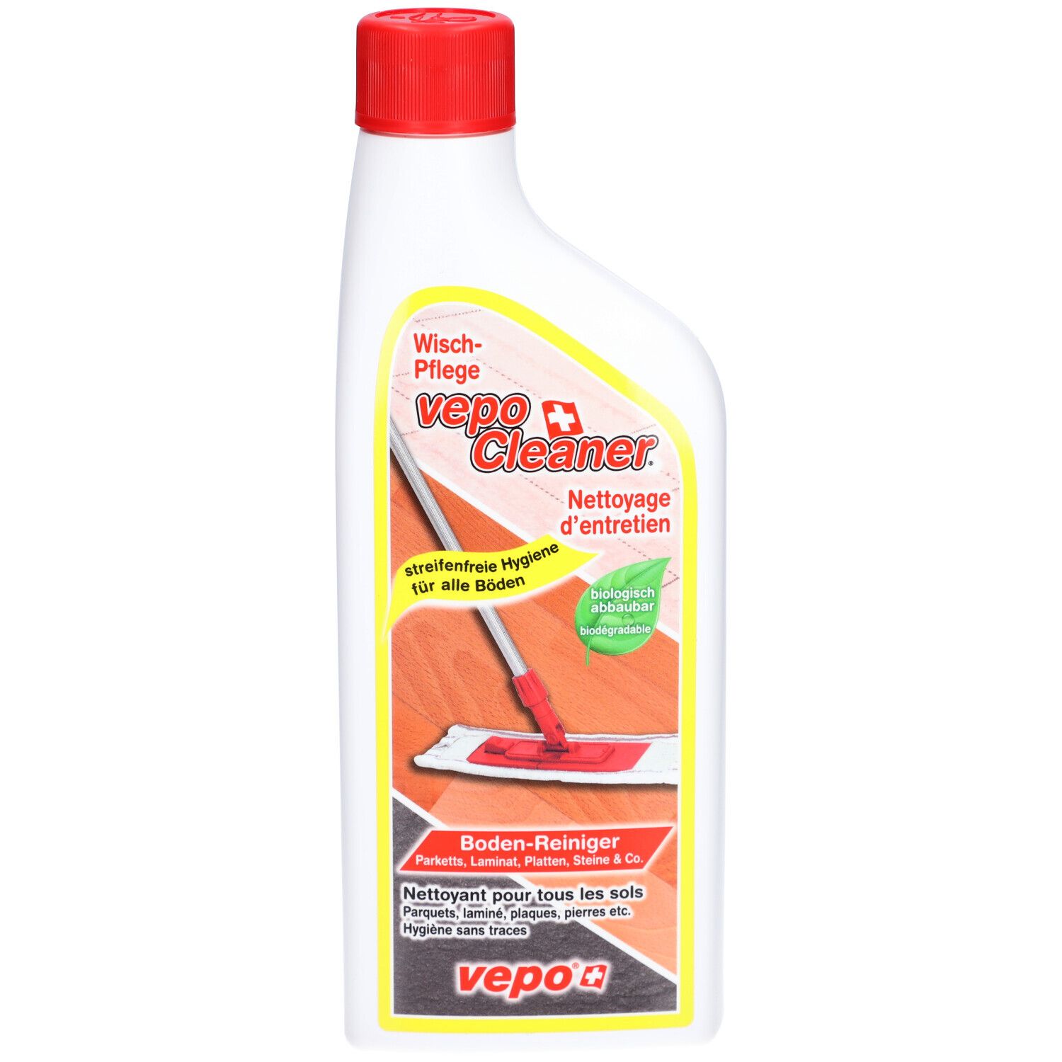 Flasche mit rotem Verschluss. VEPOCLEANER®-Etikett mit Produktnamen und Anwendungsbereich. Grün-weißes Logo.