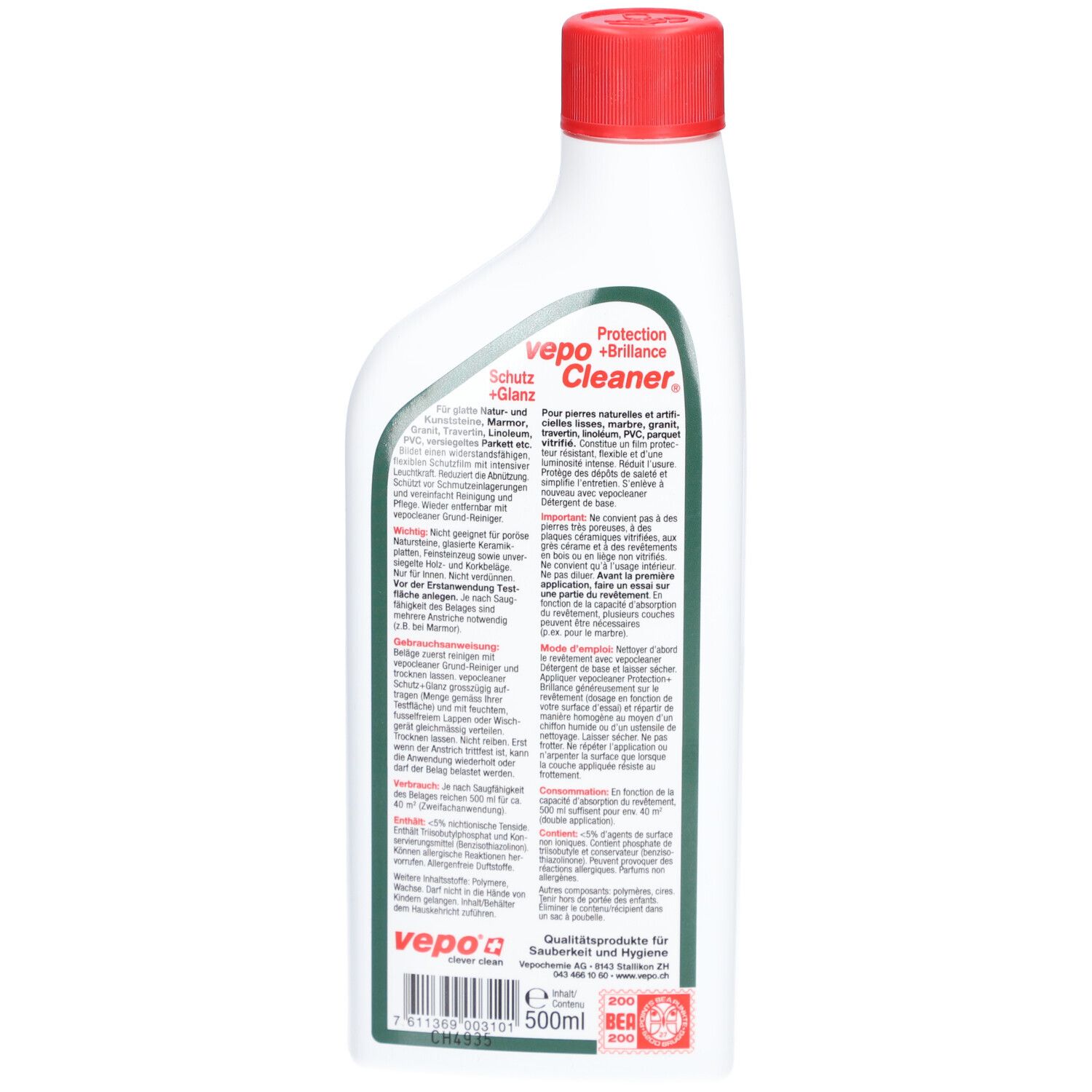 Rückseite der weißen Flasche mit rotem Deckel. VEPOCLEANER-Etikett mit Text. 500ml-Angabe und Logo.