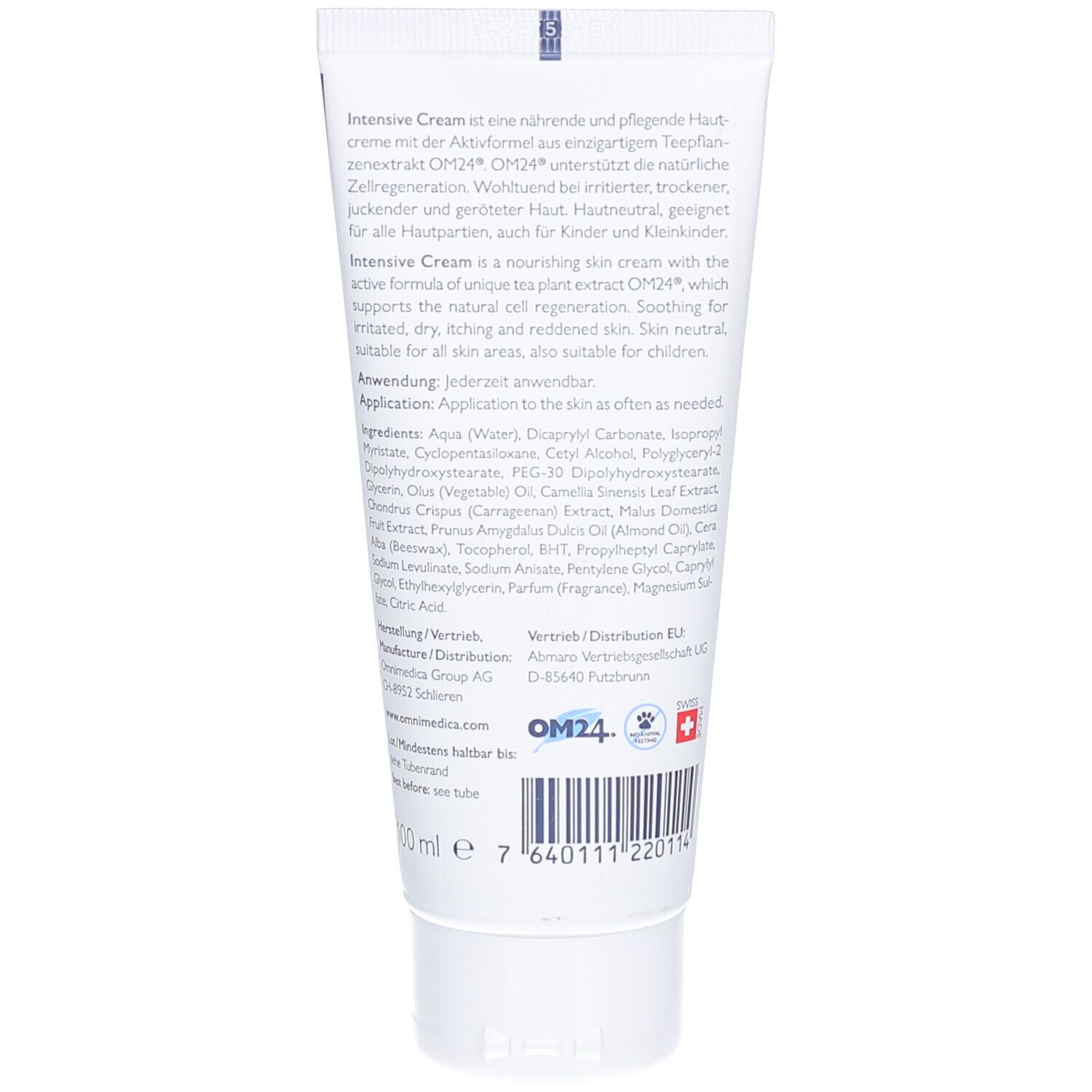 Weiße Tube, Rückseite mit Text. Aufschrift: Intensive Cream, Inhaltsstoffe, Anwendung. Unten: OM24-Logo, Schweizer Kreuz, EAN-Code.