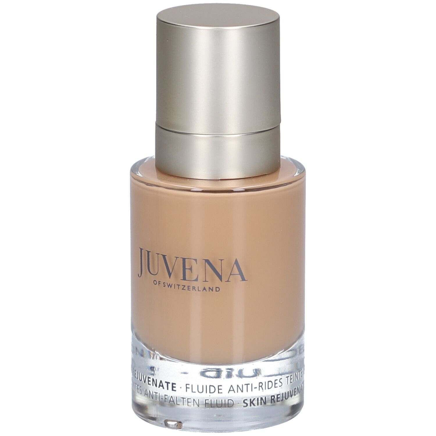 Glasflasche mit silberfarbenem Deckel. Aufschrift: Juvena of Switzerland. Getönte Flüssigkeit. Text unten.