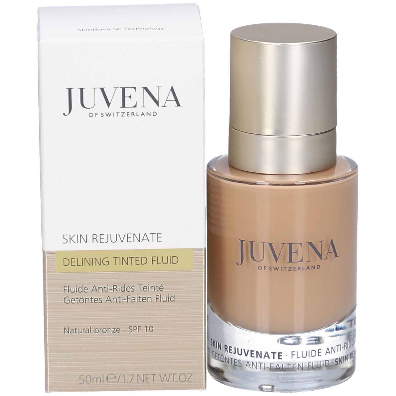 Produkt mit Verpackung. Aufschrift: Juvena of Switzerland. Getönte Flüssigkeit. Natural Bronze. SPF 10.