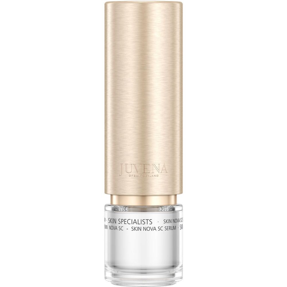 Flacon beige doré. Inscription: JUVENA, SKIN SPECIALISTS, SKIN NOVA SC SERUM.