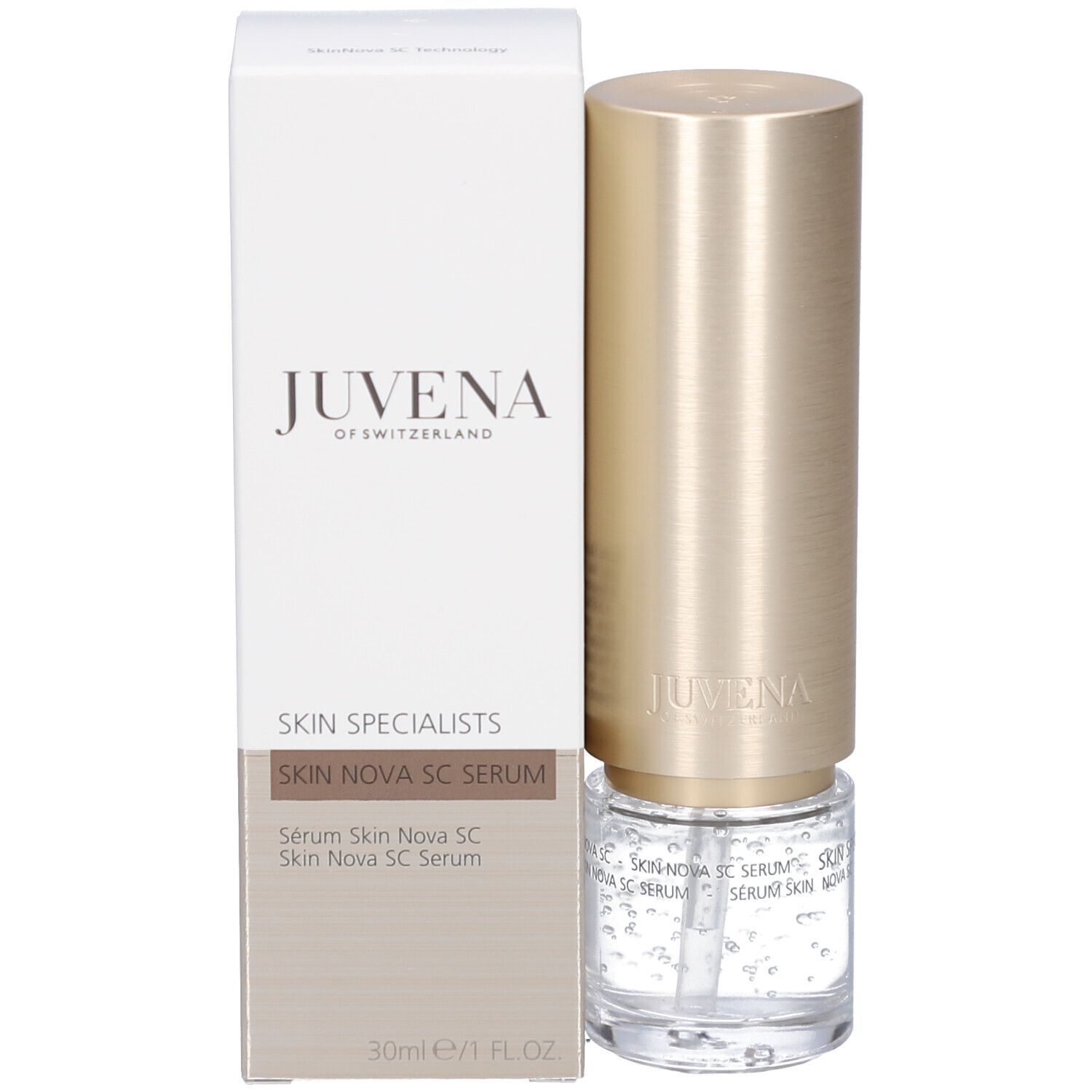Emballage du produit. Inscription: JUVENA, SKIN SPECIALISTS, SKIN NOVA SC SERUM, 30ml.