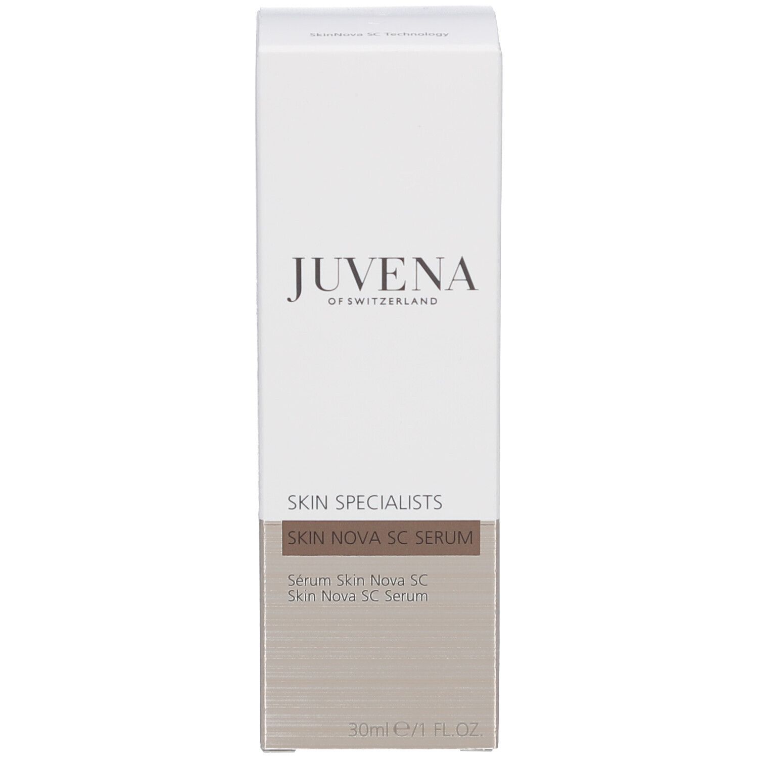 Emballage du produit. Inscription: JUVENA, SKIN SPECIALISTS, SKIN NOVA SC SERUM, 30ml.