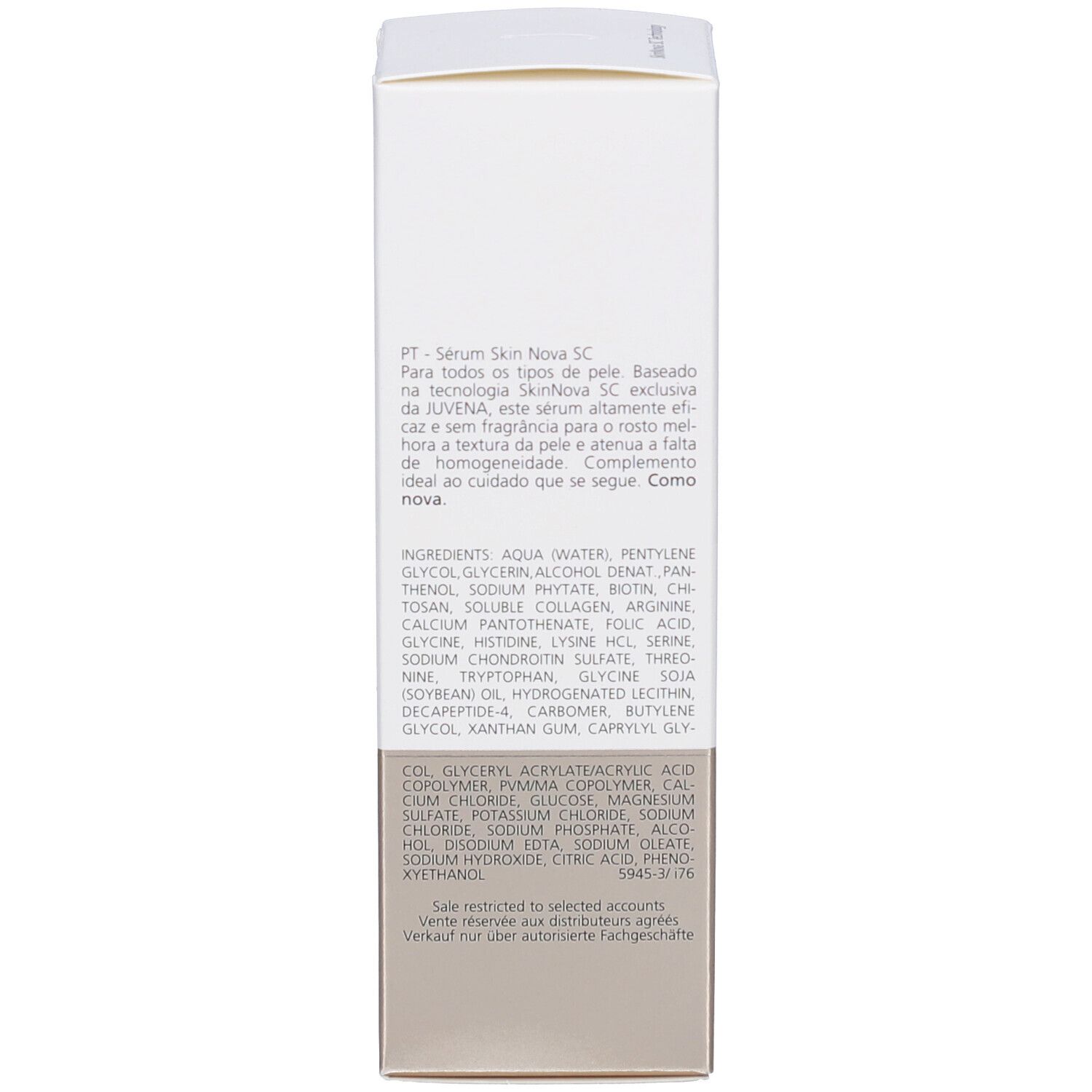 Dos de l'emballage du produit. Texte multilingue, ingrédients.