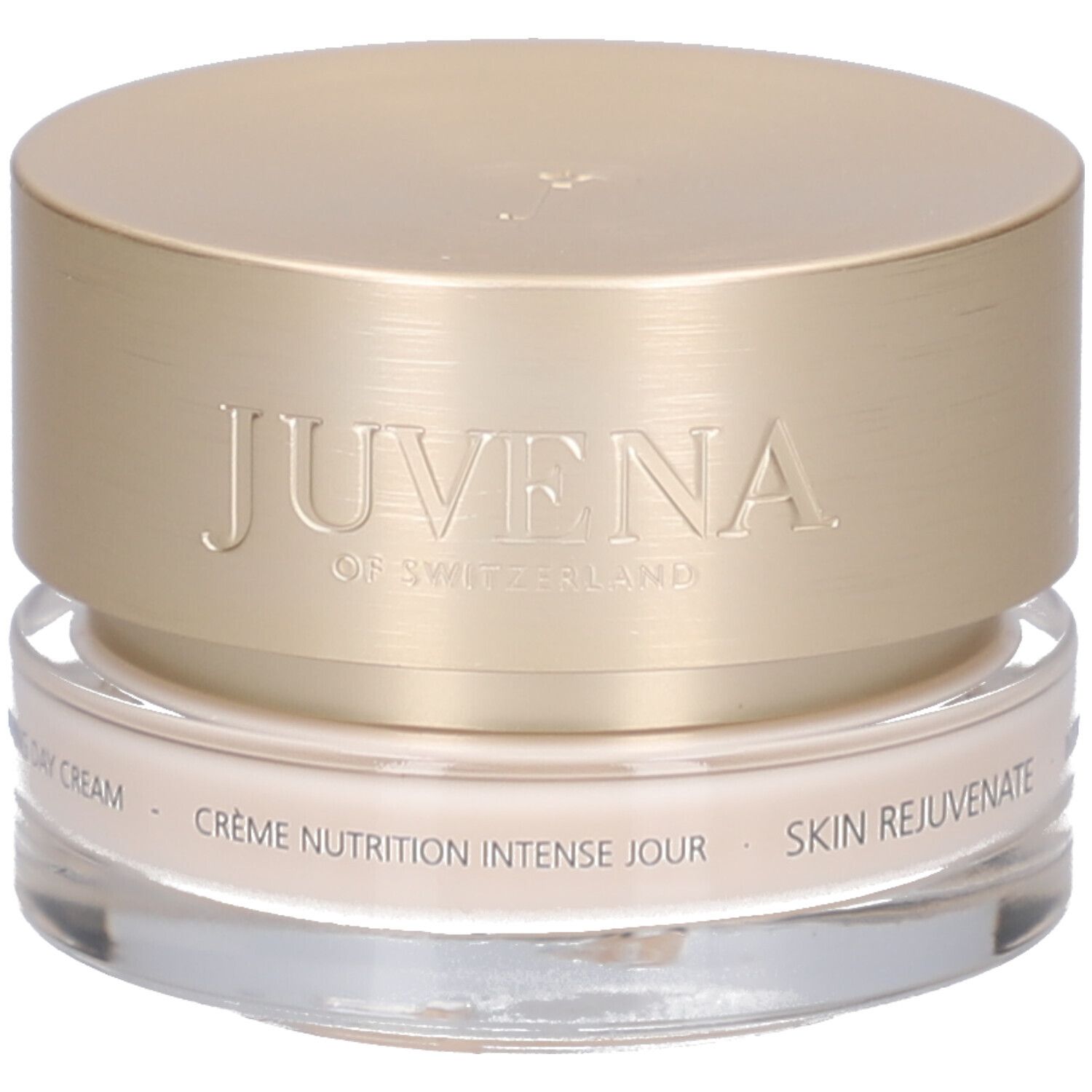 Pot de crème avec couvercle doré. Inscription: JUVENA OF SWITZERLAND. Texte: SKIN REJUVENATE, Crème Nutrition Intense Jour.