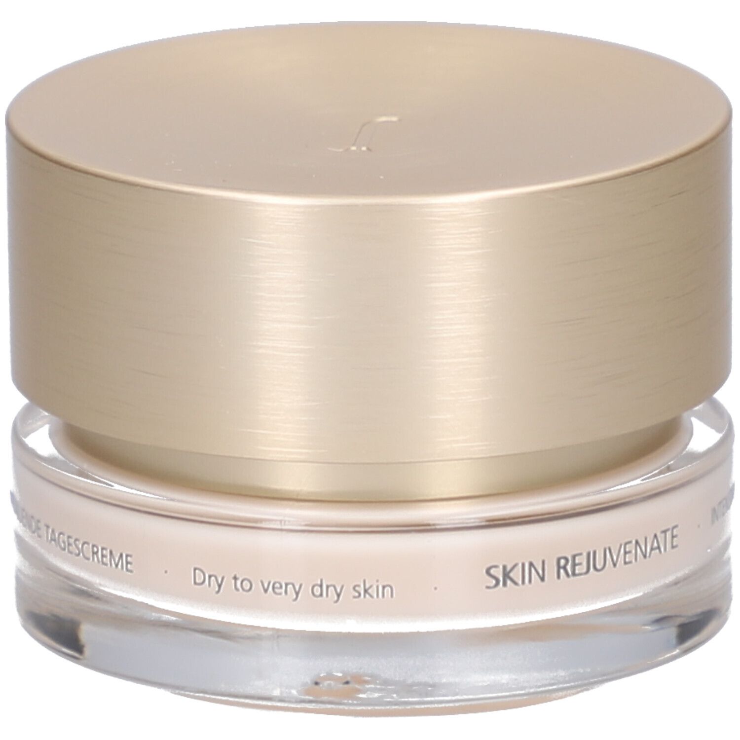Pot de crème avec couvercle doré. Inscription: JUVENA OF SWITZERLAND. Texte: SKIN REJUVENATE, Dry to very dry skin.