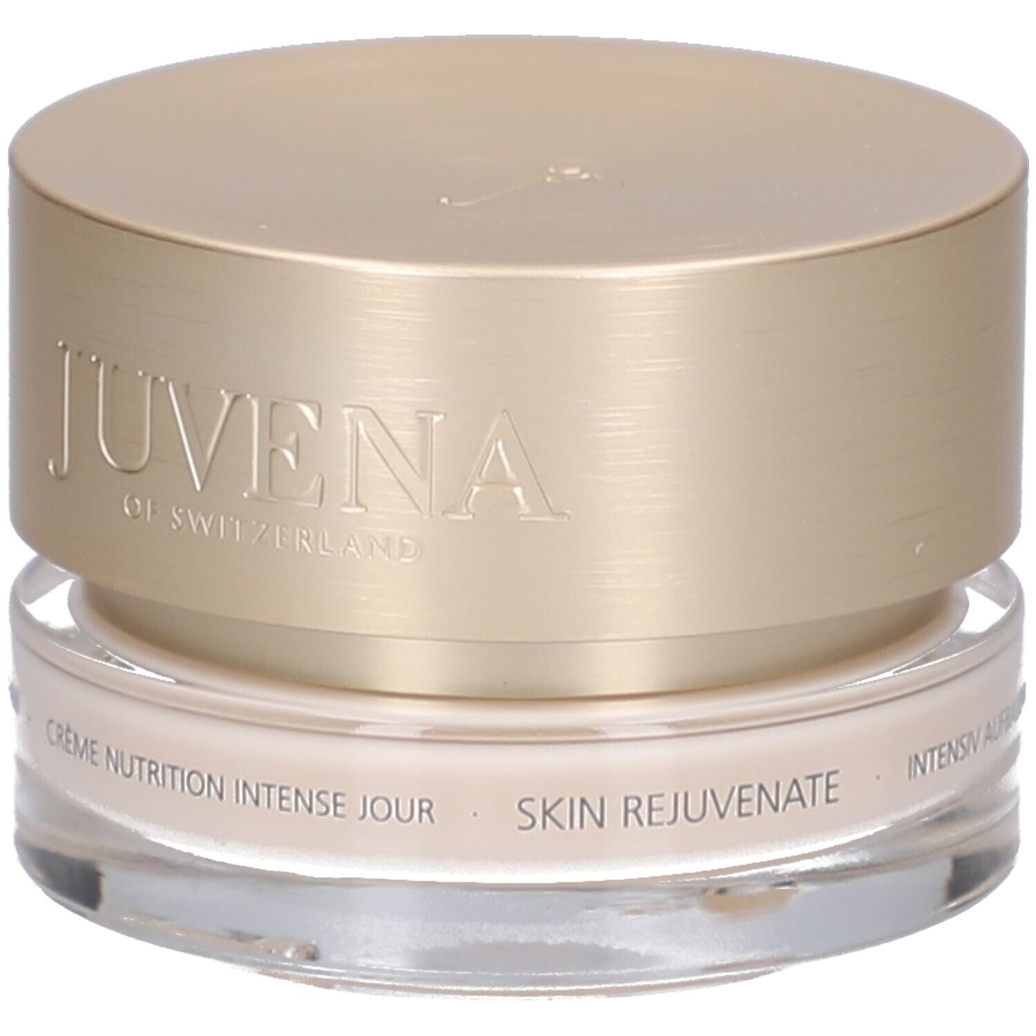 Pot de crème avec couvercle doré. Inscription: JUVENA OF SWITZERLAND. Texte: Crème Nutrition Intense Jour, SKIN REJUVENATE.
