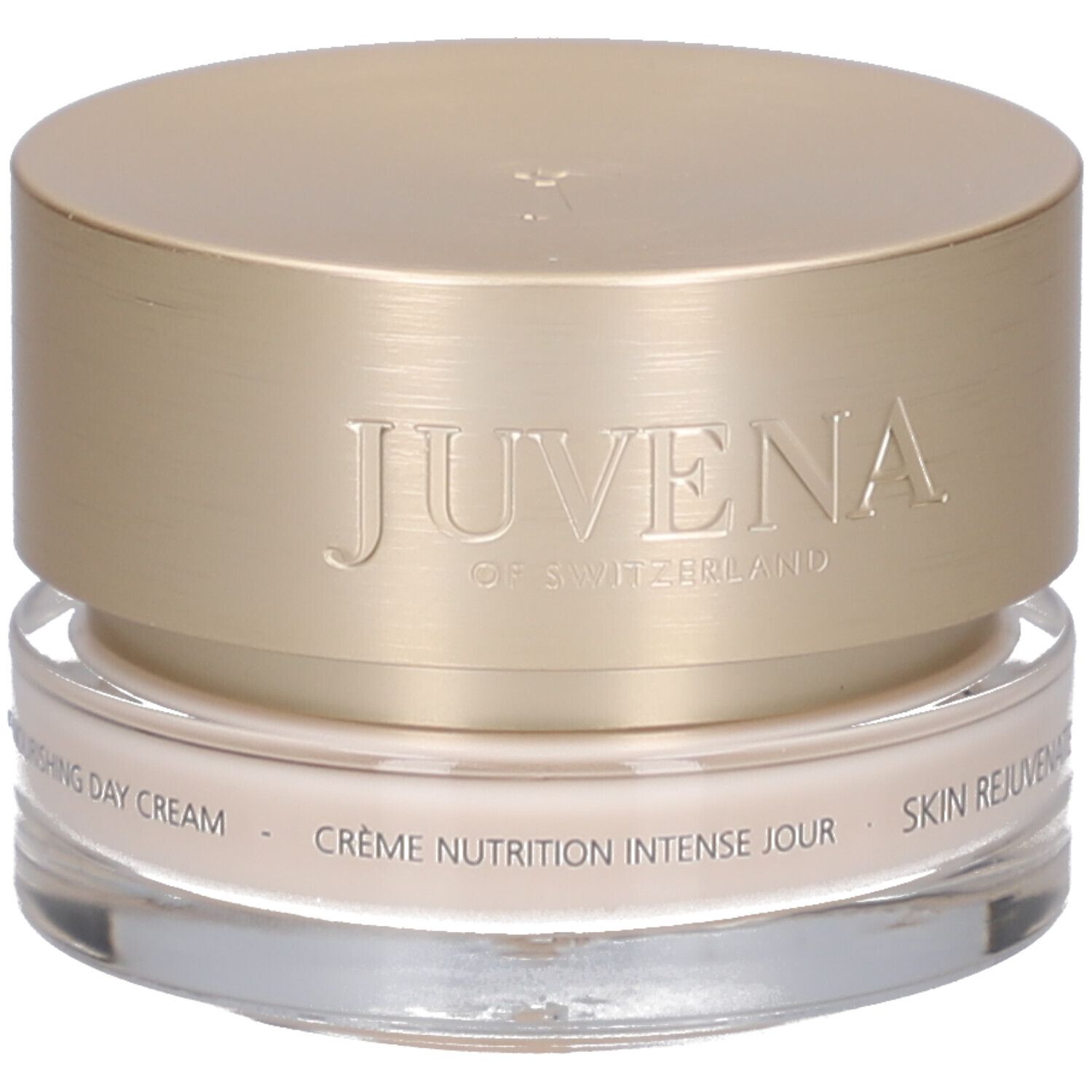 Pot de crème avec couvercle doré. Inscription: JUVENA OF SWITZERLAND. Texte: Crème Nutrition Intense Jour, SKIN REJUVENATE.